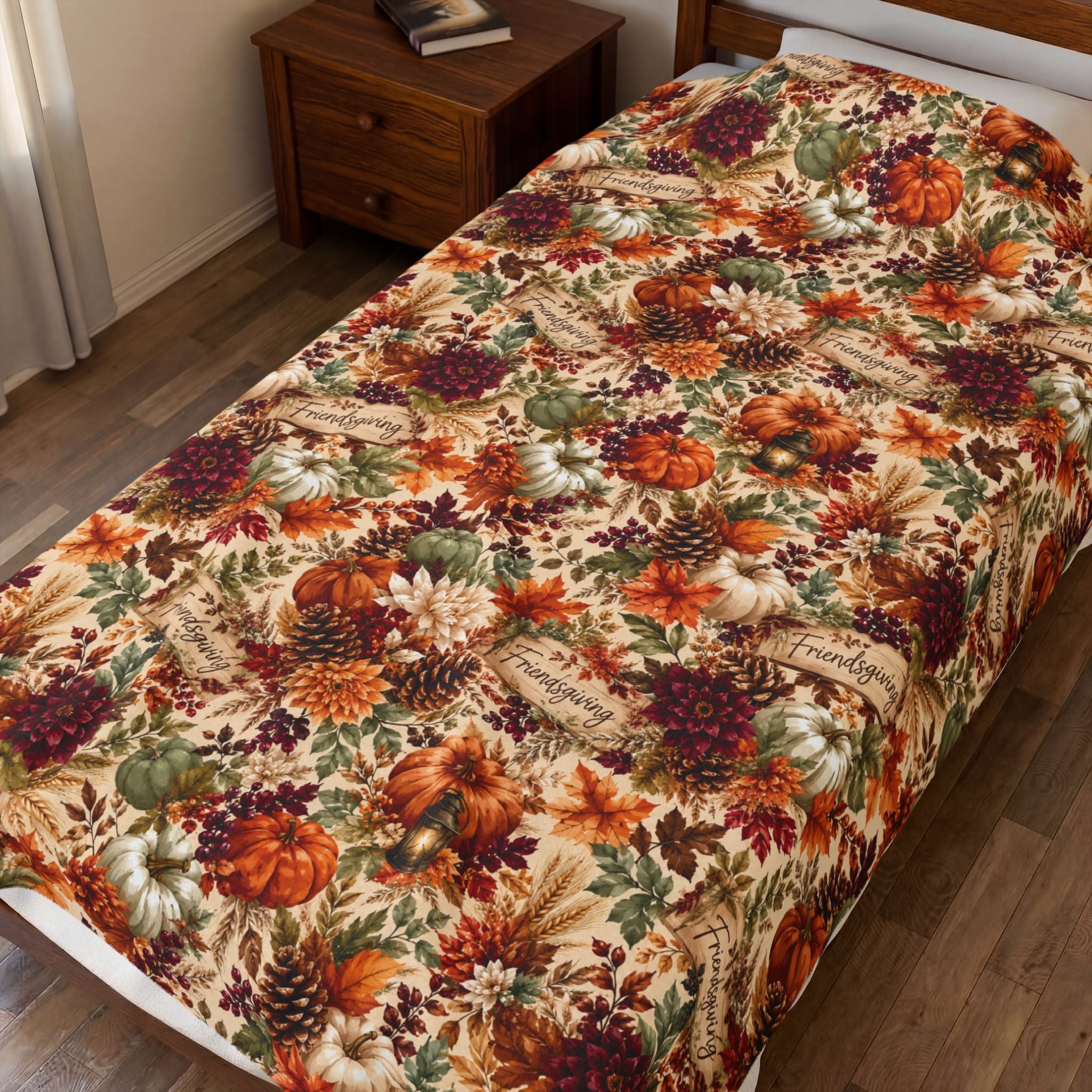 Autumn Harvest Floral Velveteen Plush Blanket | Fall Leaves Pumpkins Mum Pattern