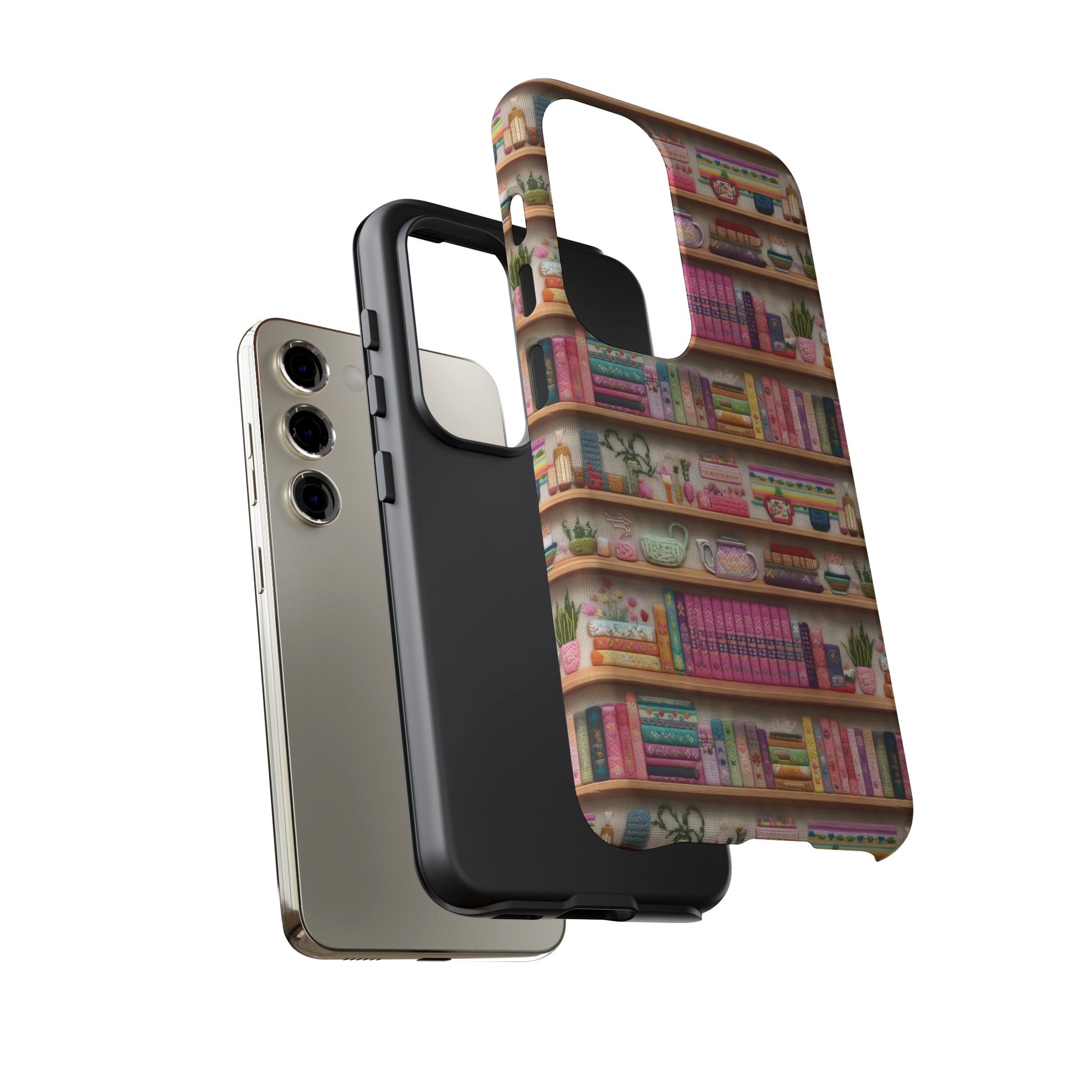 Phone Case 3D Illusion Books & Shelf Embroidery Design with Vibrant Colors Gift for Her Phone 15, Samsung iPhone Samsung Gift for Her Case iPhone 15, Samsung iPhone Samsung Accessory Gift for Her.
