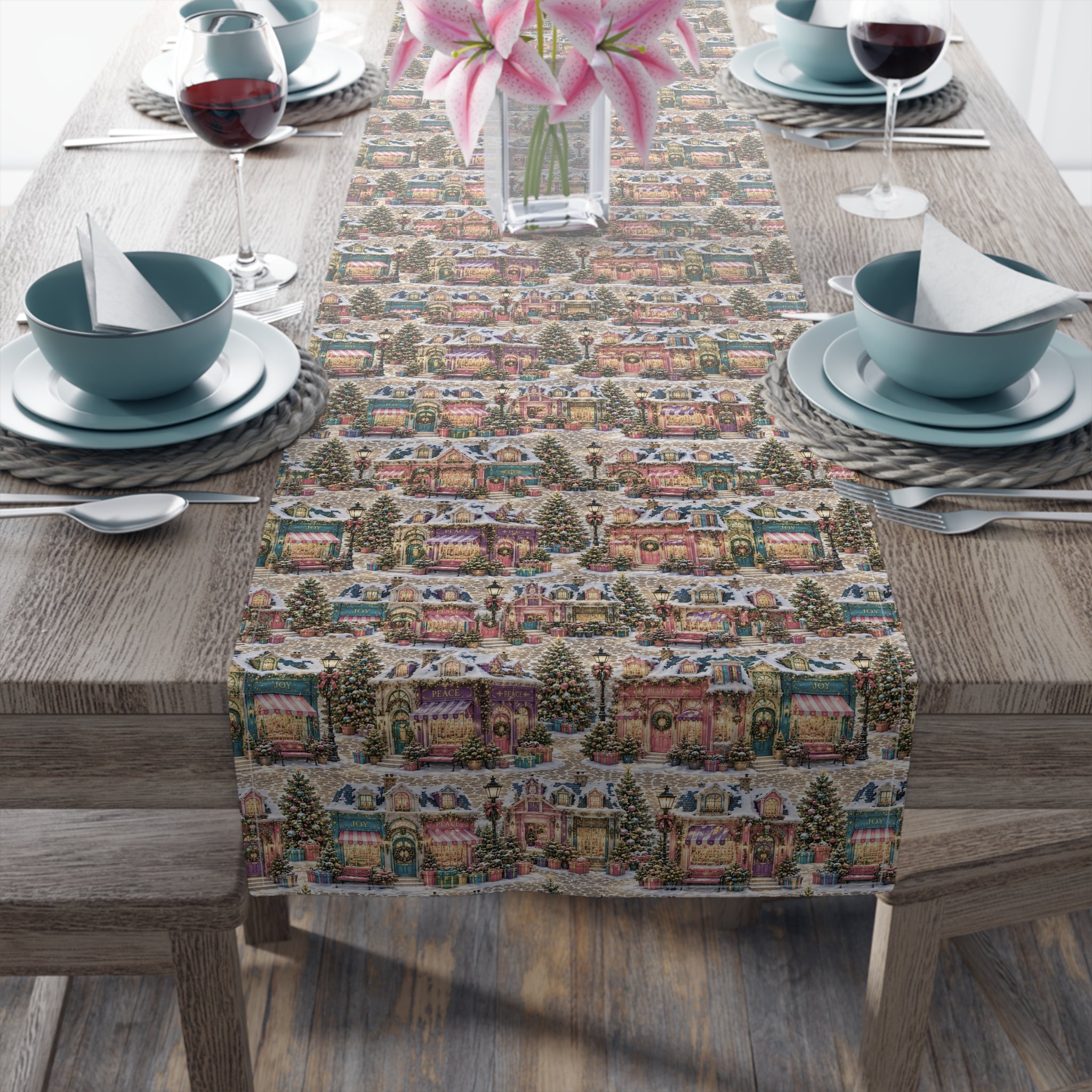 Vintage Christmas Village Table Runner Holiday Perfect Runner Village Scene Cottage
