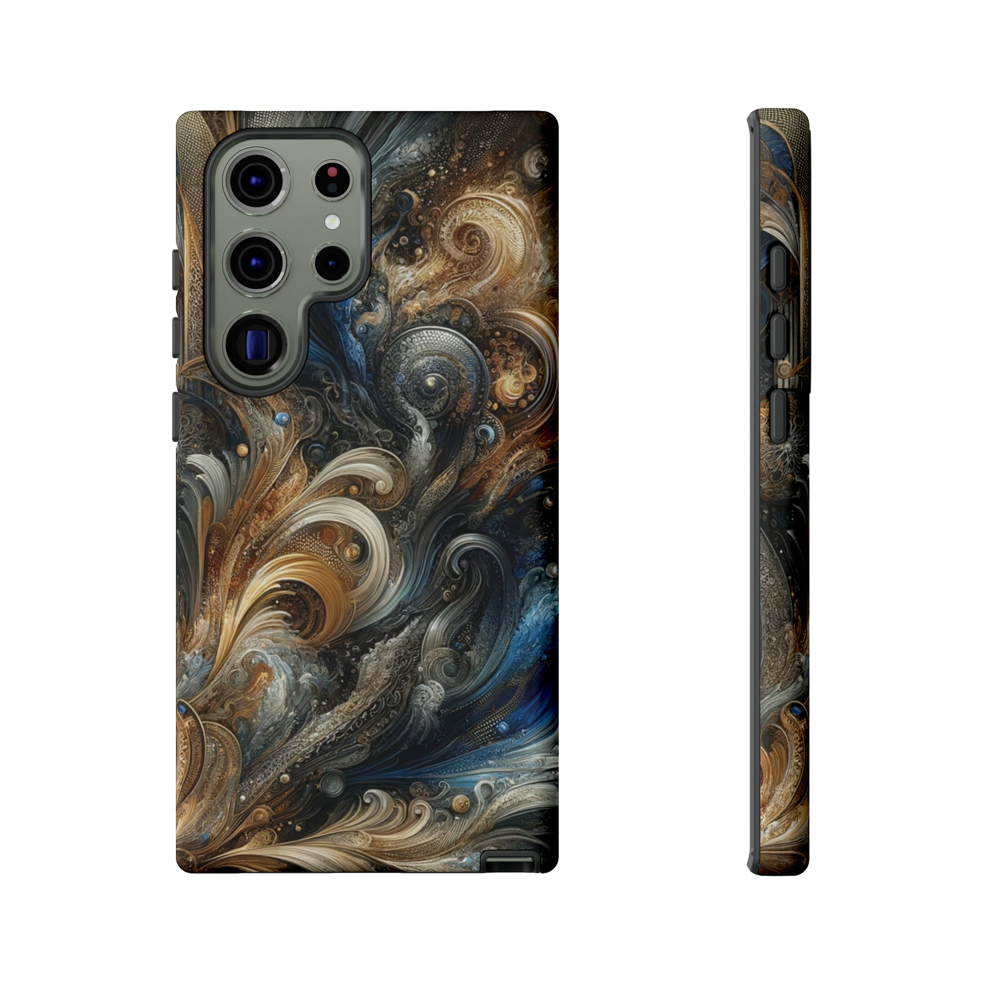 Gold and Navy Art Design Luxury Phone Tough Case Floral Elegant Durable Stylish for Modern Devices iPhone 15, Samsung iPhone Samsung Accessory Gift for Her.