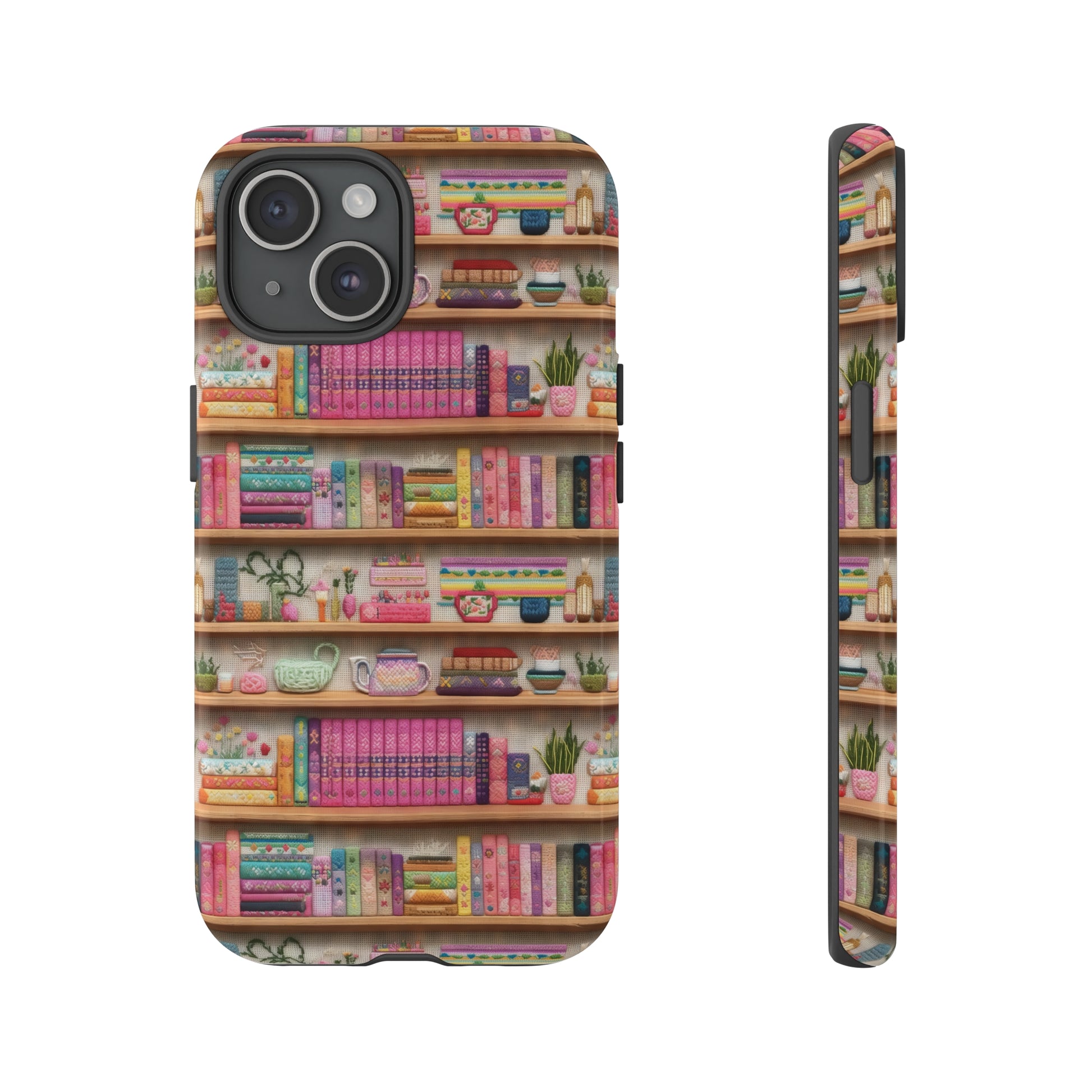 Phone Case 3D Illusion Books & Shelf Embroidery Design with Vibrant Colors Gift for Her Phone 15, Samsung iPhone Samsung Gift for Her Case iPhone 15, Samsung iPhone Samsung Accessory Gift for Her.