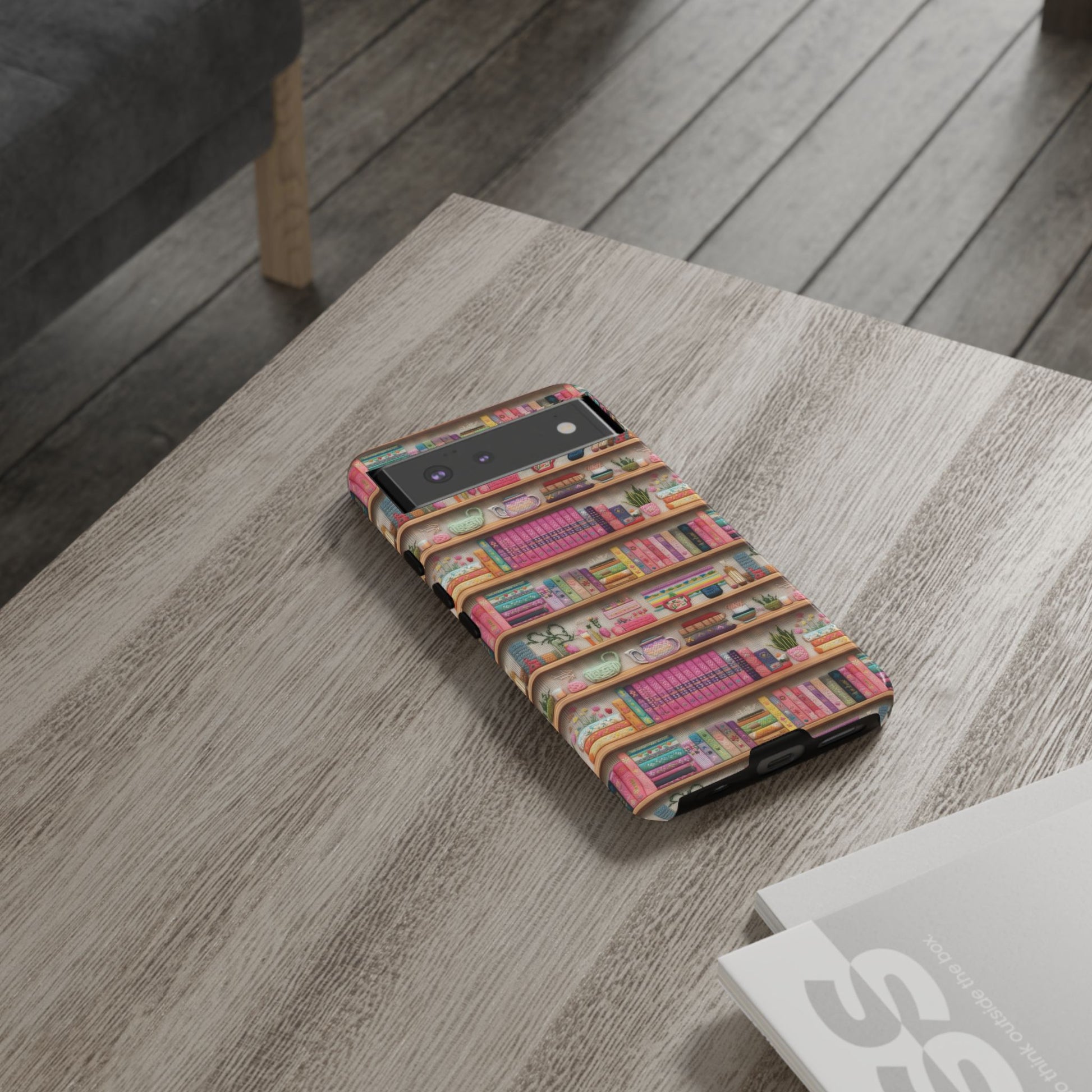 Whimsical 3D Embroidery Illusion Books on Pastel Shelves Phone Case for iPhone, Samsung & Pixel: Unique Accessory for Literary Enthusiasts Gift for Her Perfect for Floral Lover