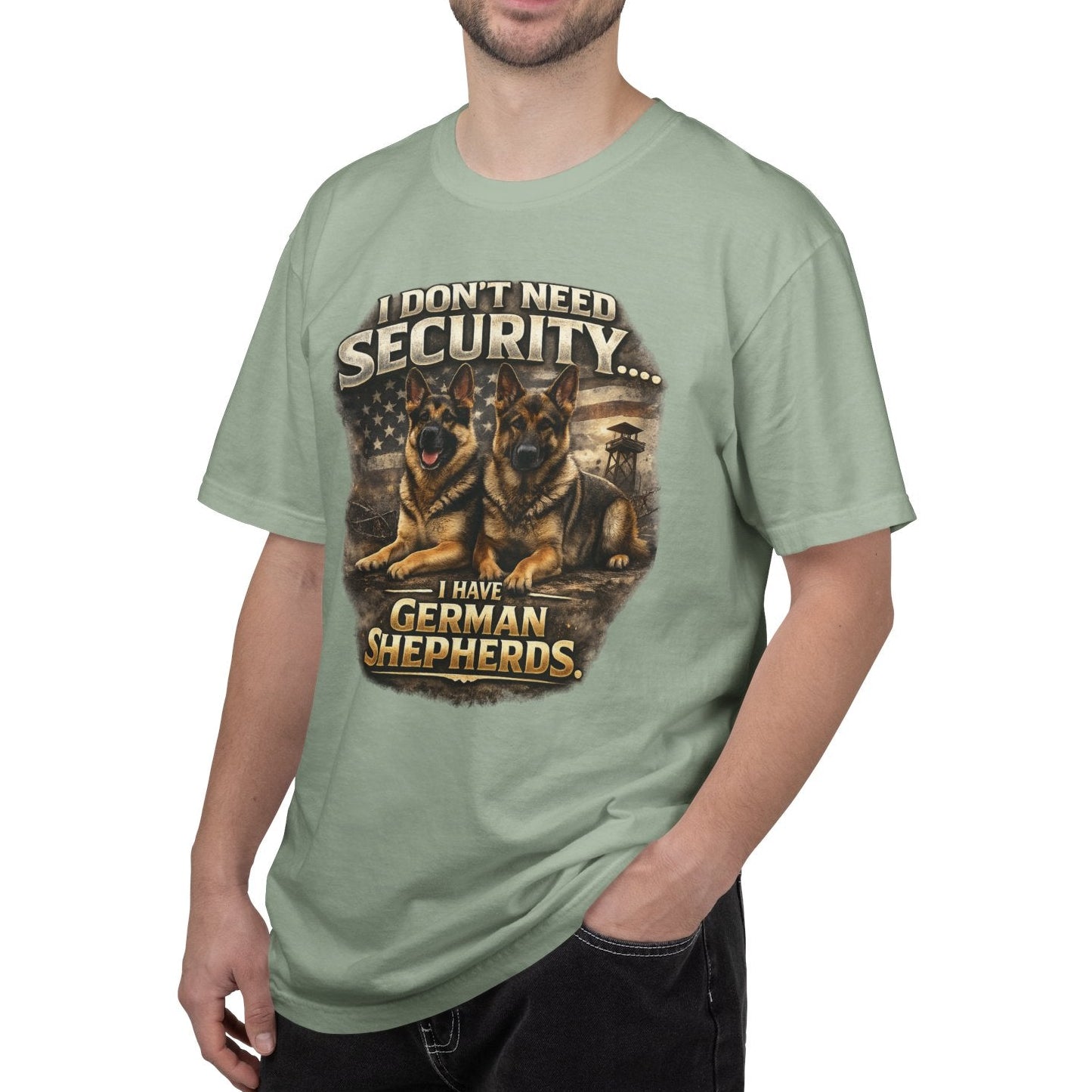 Man wearing a light green t-shirt with a graphic design and text on a white background