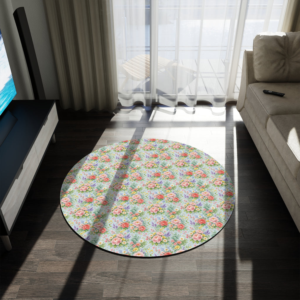 Tapis rond floral aquarelle bleu glacé — Tapis d'appoint floral doux de style côtier