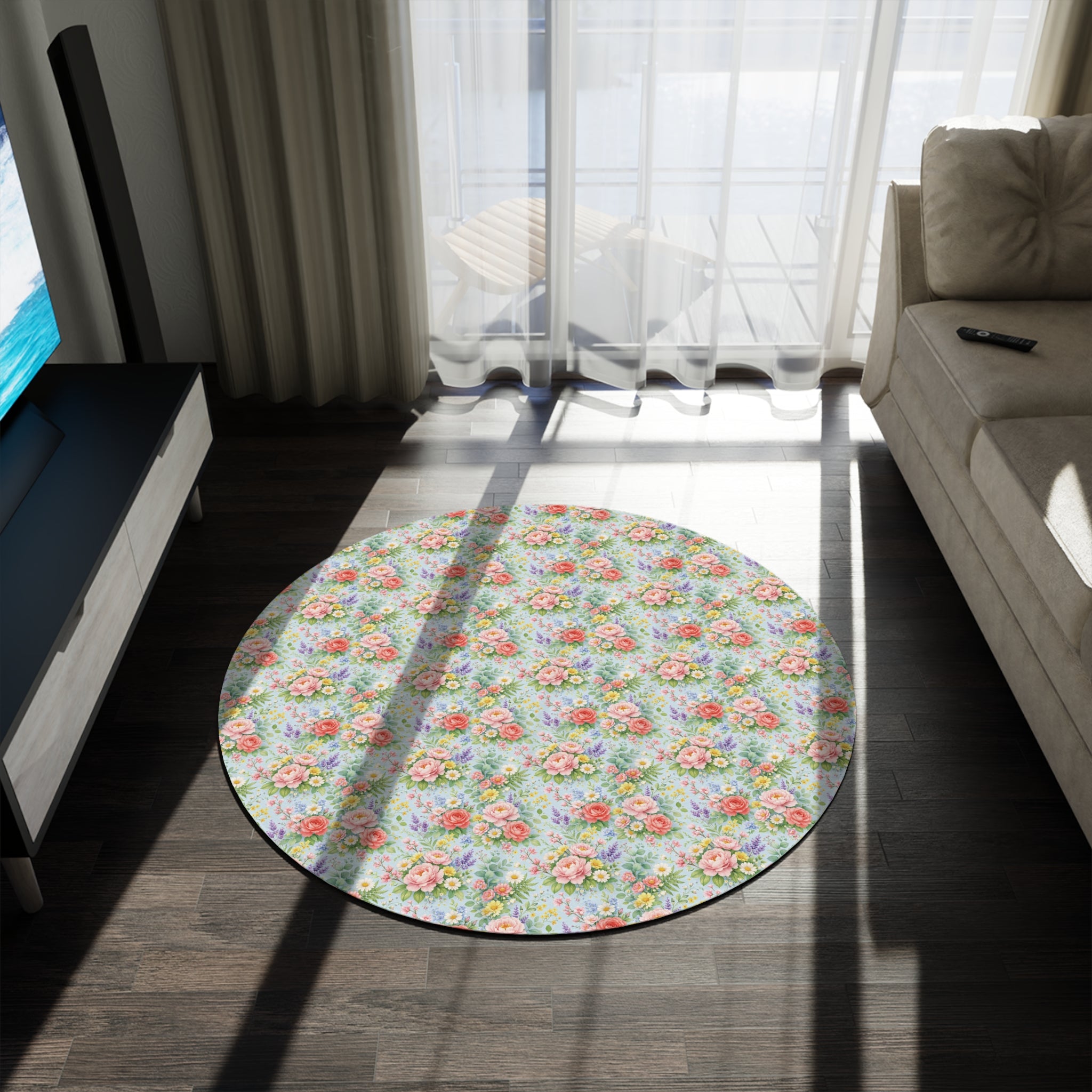 Icy Blue Watercolor Floral Round Rug — Soft Coastal Floral Accent Rug
