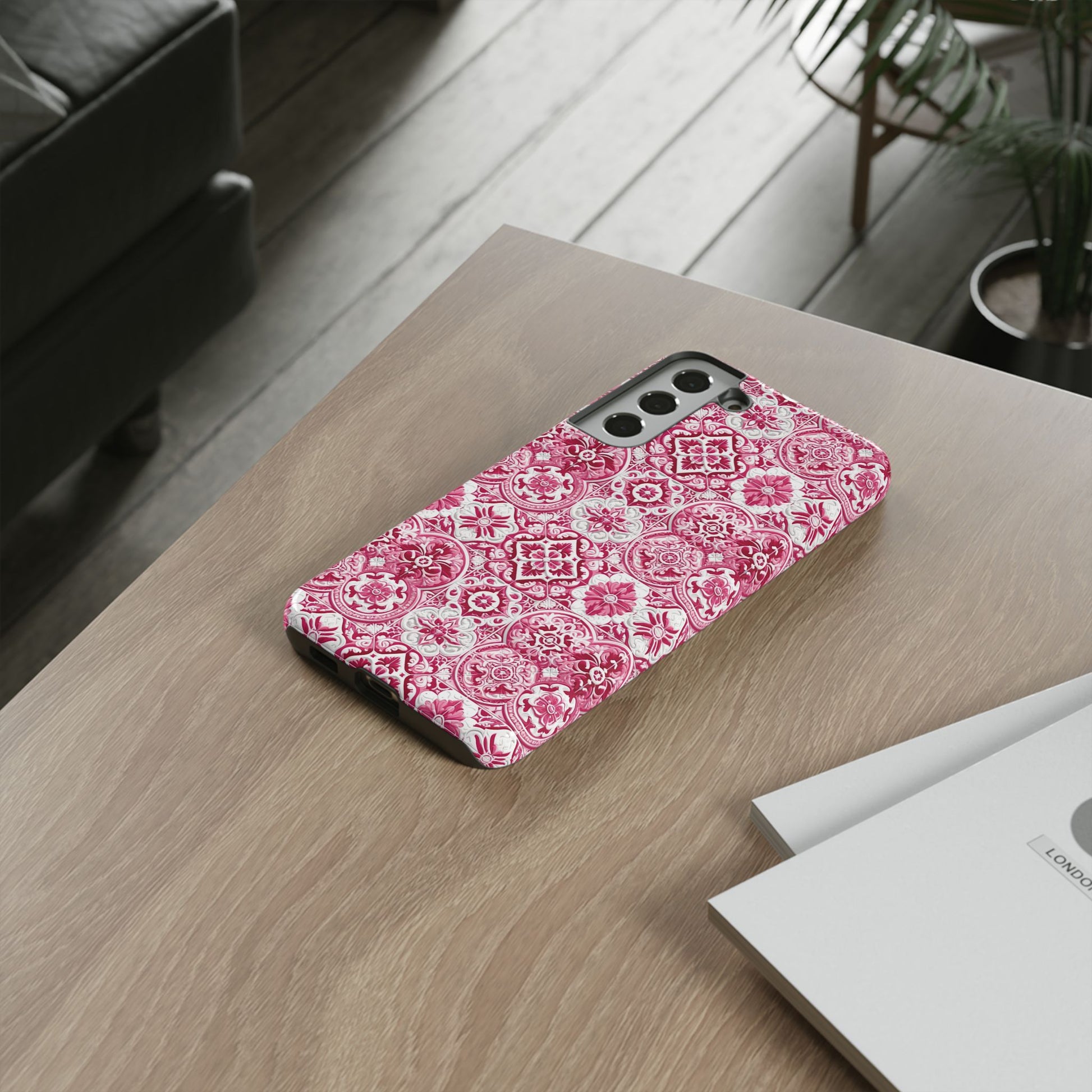 Pink and White Mediterranean Tile Design Phone Case - Stylish, Protective Cover for All Models Gift for Mom Accessory Gift for Her