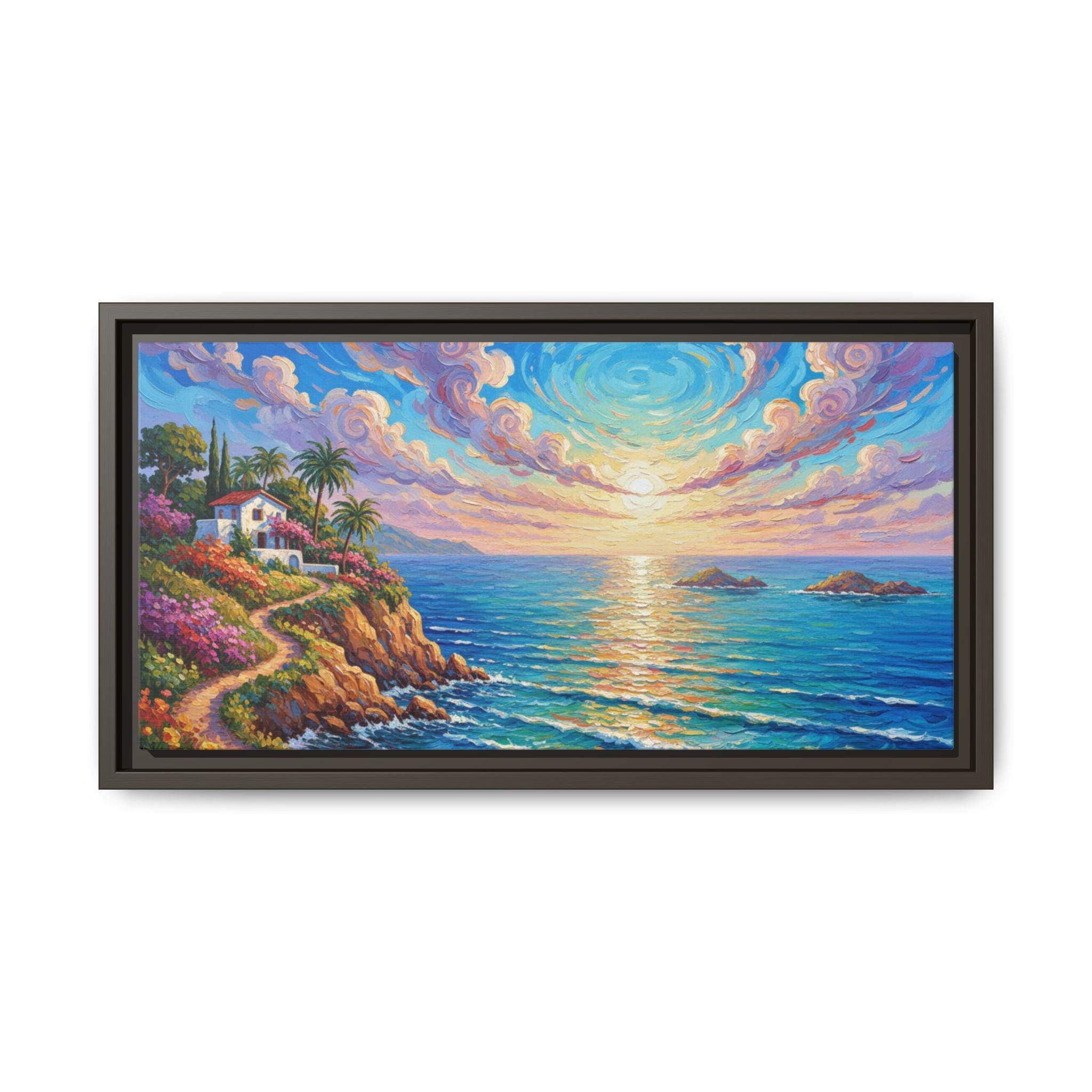 Ocean Floral Print Canvas | Bright Colorful Seascape Wall Art, Framed Matte Office Art Work