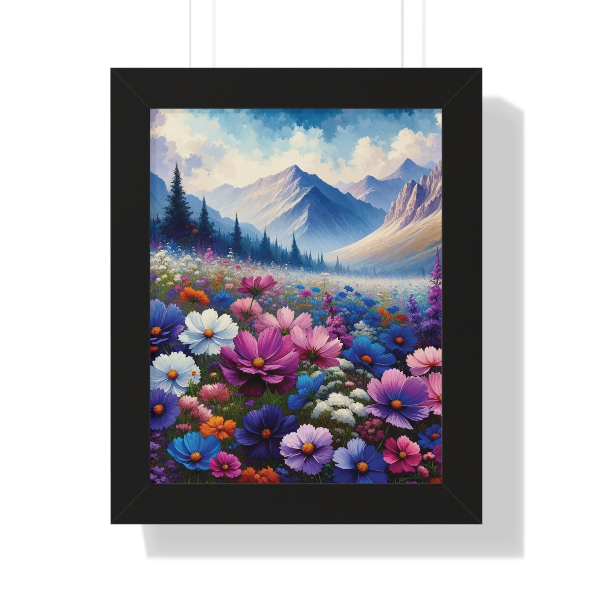 Wall Art Beautiful Wildflowers and Mountains Wildflower Art Watercolor Floral Framed Canvas Print Wall Art  Classic Encased in Black, White, or Walnut Frames with Durable Acrylic Protection Ready to Hang  Timelessly Crafted..