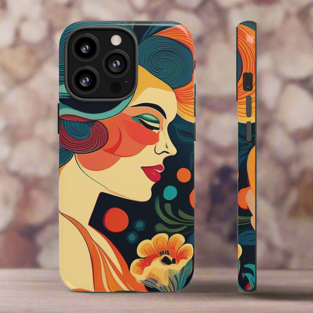 Phone case with colorful design of a woman's face and floral elements on a white background