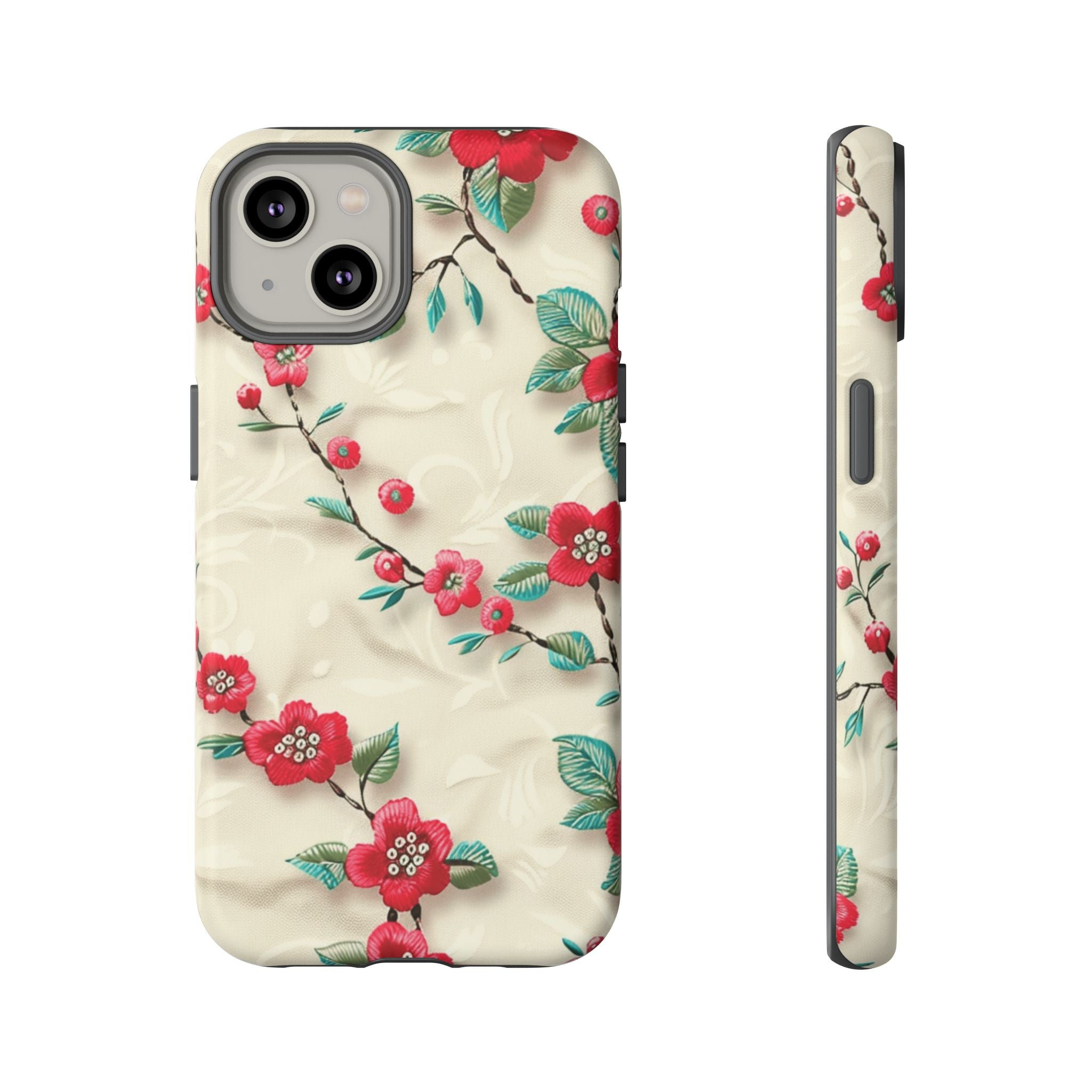 3D Embroidery Illusion Red Flowers Phone Case for iPhone, Samsung Pixel Artistic Floral Protection 15 14 13 12, 21 23 Gift for Her Perfect for Floral Lover