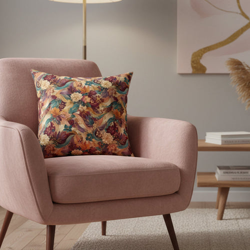 A square decorative throw pillow featuring an intricate, vintage-style floral and botanical pattern in warm autumnal tones of rust red, teal, ochre, and cream, set against a plain white background.