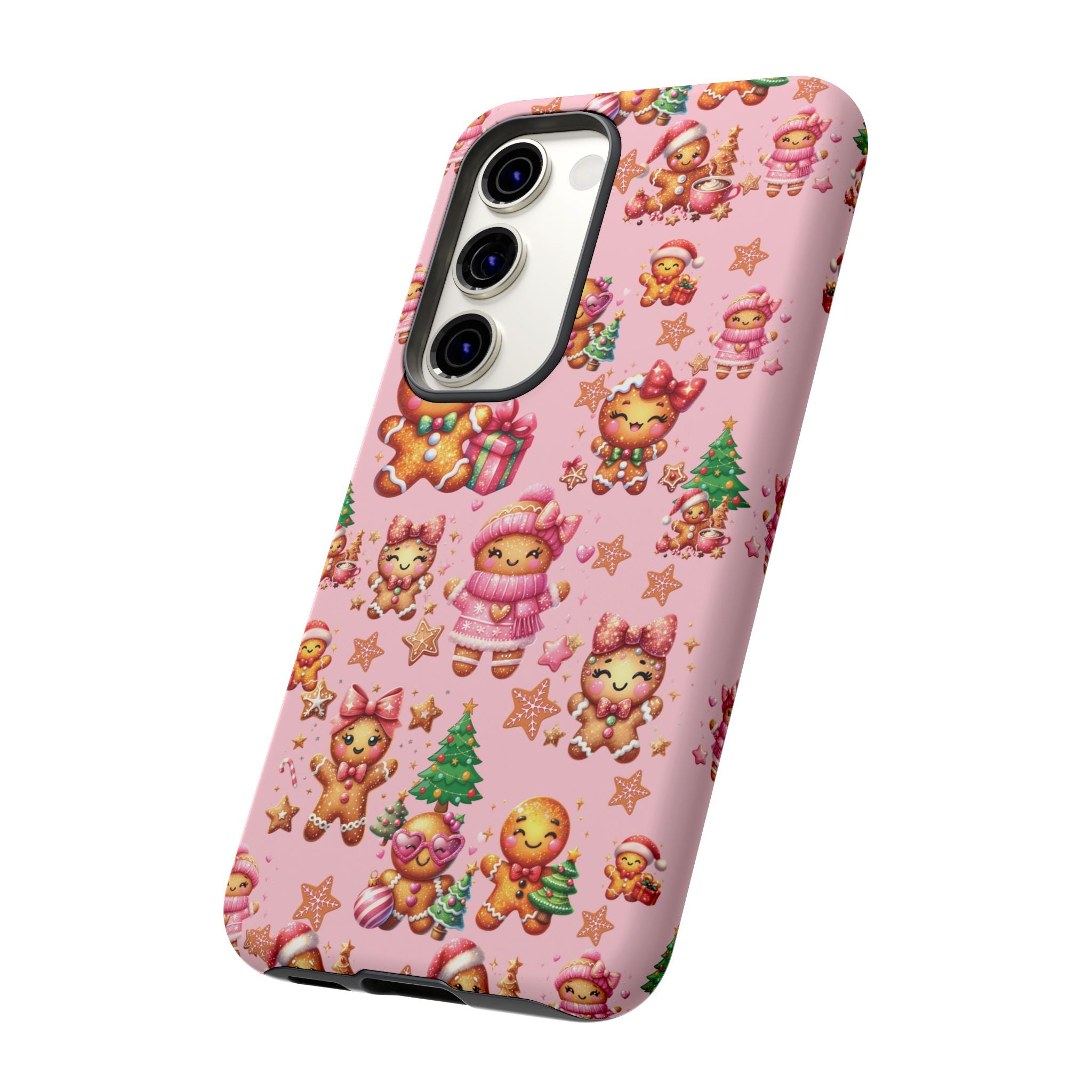 Coque de téléphone en forme de petite fille pain d'épices rose adorable, ambiance girly pour les fêtes, esthétique douce de Noël, idée cadeau mignonne et festive pour elle, housse de protection amusante