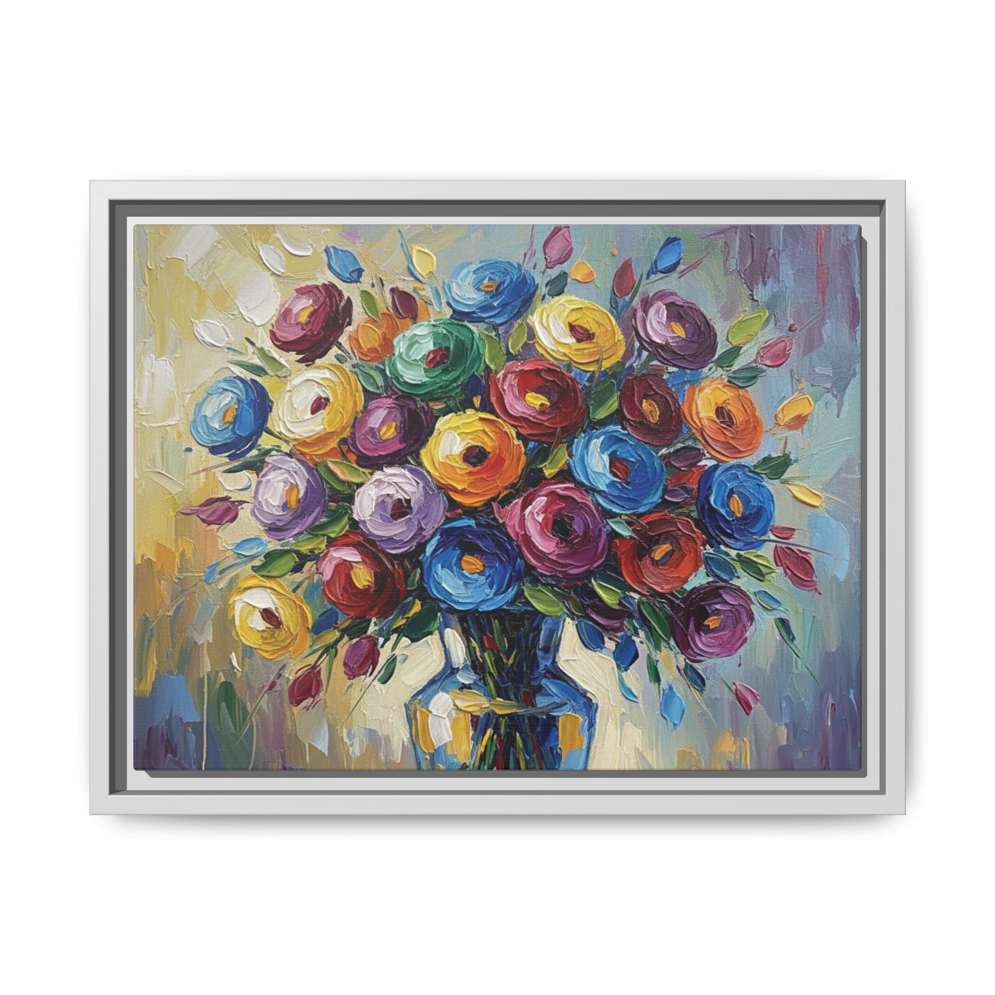 Impression sur toile bouquet floral aquarelle - Tableau mural encadré mat - Illusion de peinture à l'huile vibrante