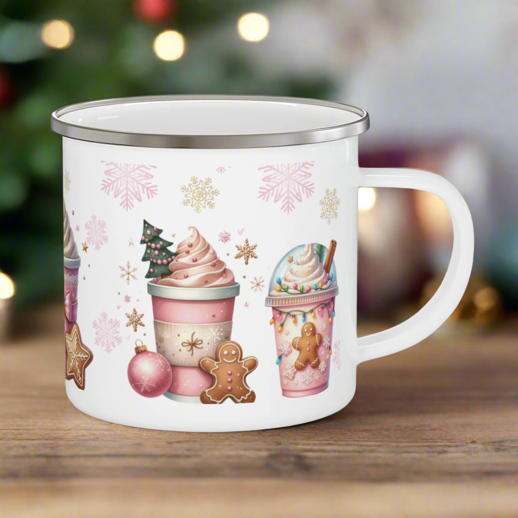 Enamel Camping Mug 12oz Enamel Camping Mug Pink Christmas Gingerbread Design | Durable, Lightweight Mug for Holiday Camping, Hot Cocoa, Coffee | Festive Gingerbread Art Perfect Christmas Gift - MRSBYVALLE