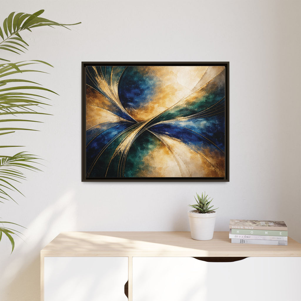 Gilded Convergence  Luxe NeoDeco Blue & Gold Abstract Wall Art Framed