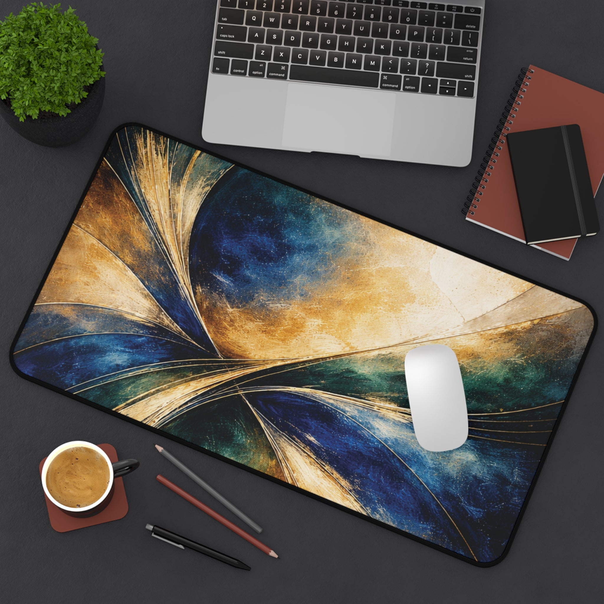 Gilded Convergence Blue & Gold NeoDeco Desk Mat — Luxury Office Desk Mat
