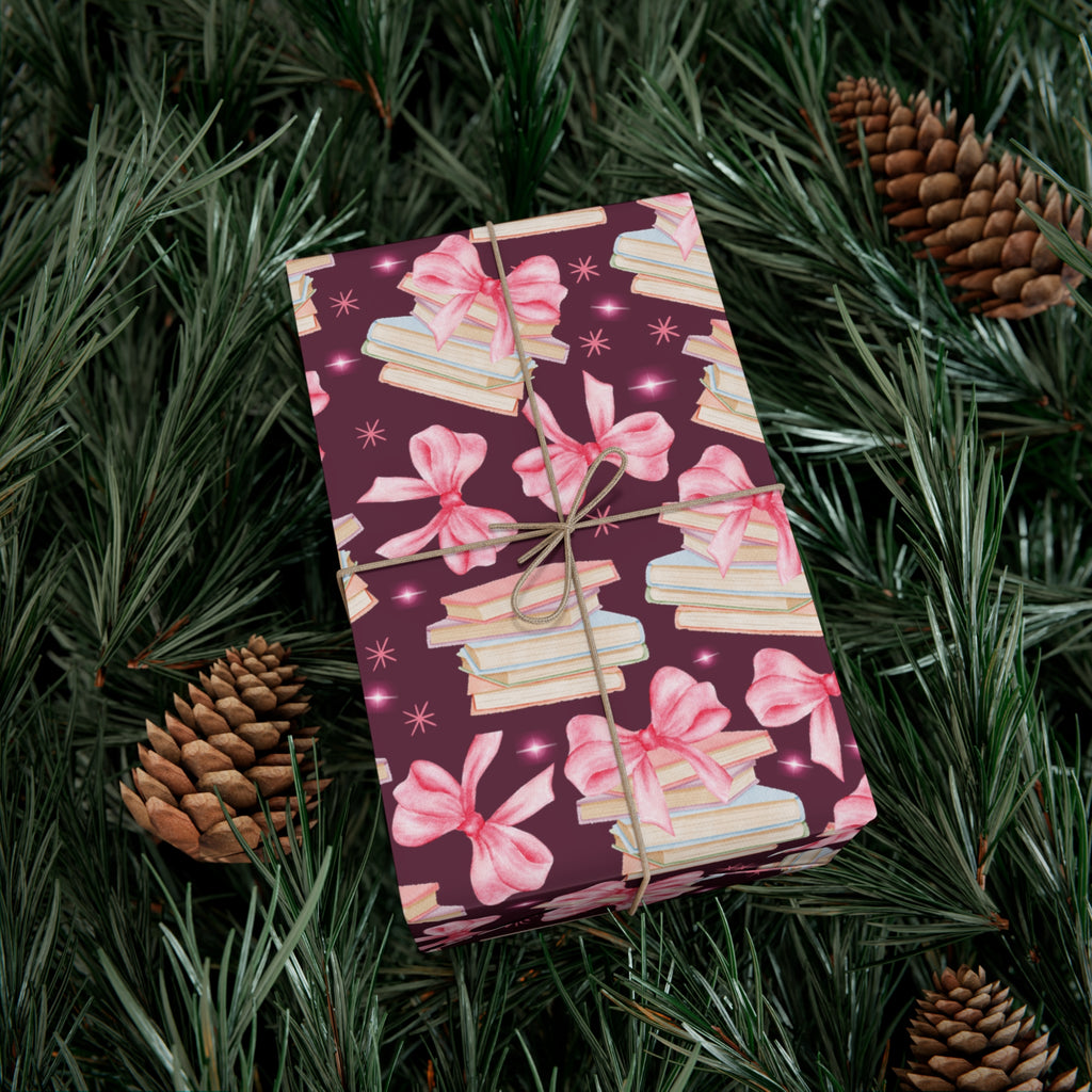 Coquette Pink Bows Books Plum Wrapping Paper Festive Holiday Gift Wrap with Perfect for Christmas Presents, Crafting, & Holiday Decor – Premium Quality - MRSBYVALLE