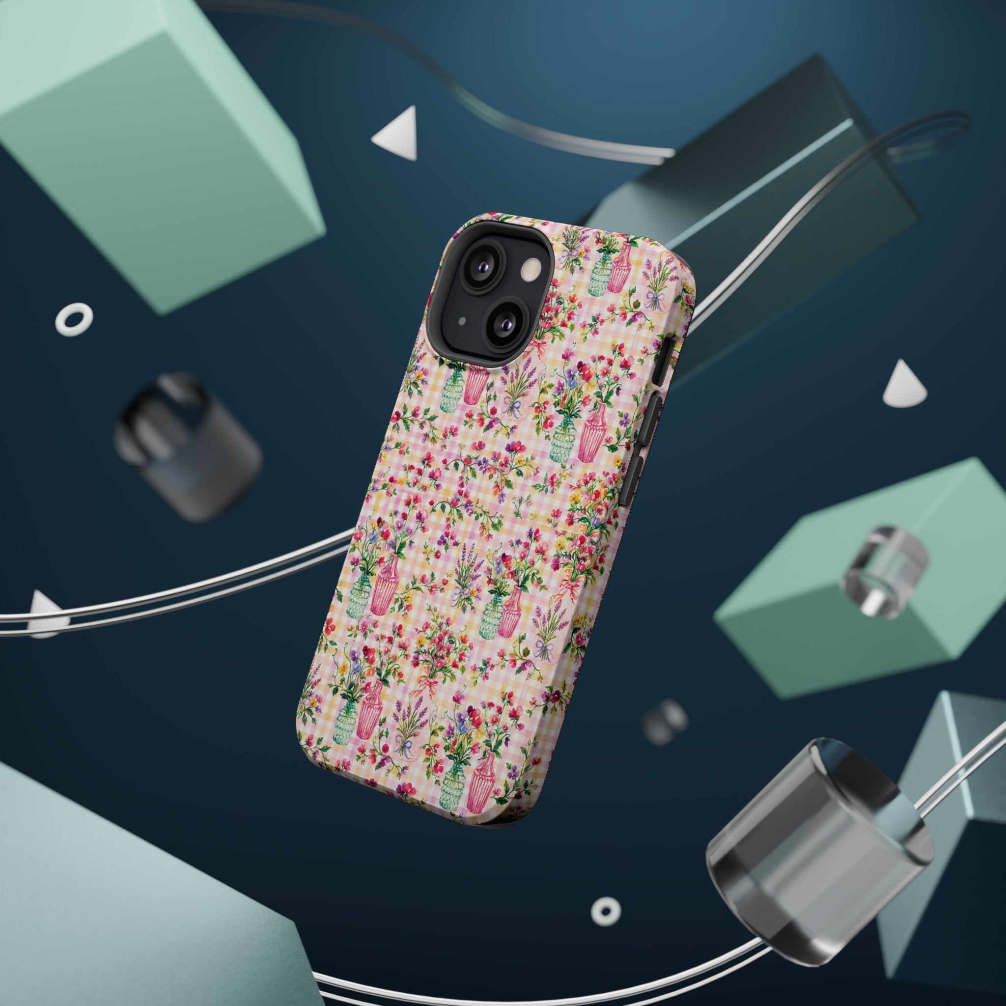 Turquoise & Pink Floral Checker Phone Case — Magnetic Impact-Resistant