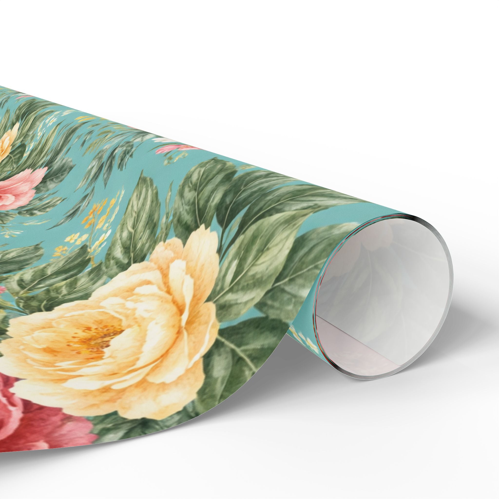 Roll of floral wrapping paper with large yellow flower on a white background