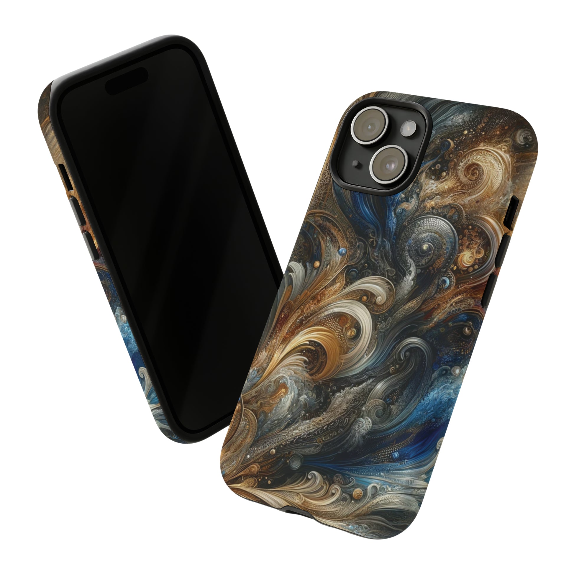 Gold and Navy Art Design Luxury Phone Tough Case Floral Elegant Durable Stylish for Modern Devices iPhone 15, Samsung iPhone Samsung Accessory Gift for Her.