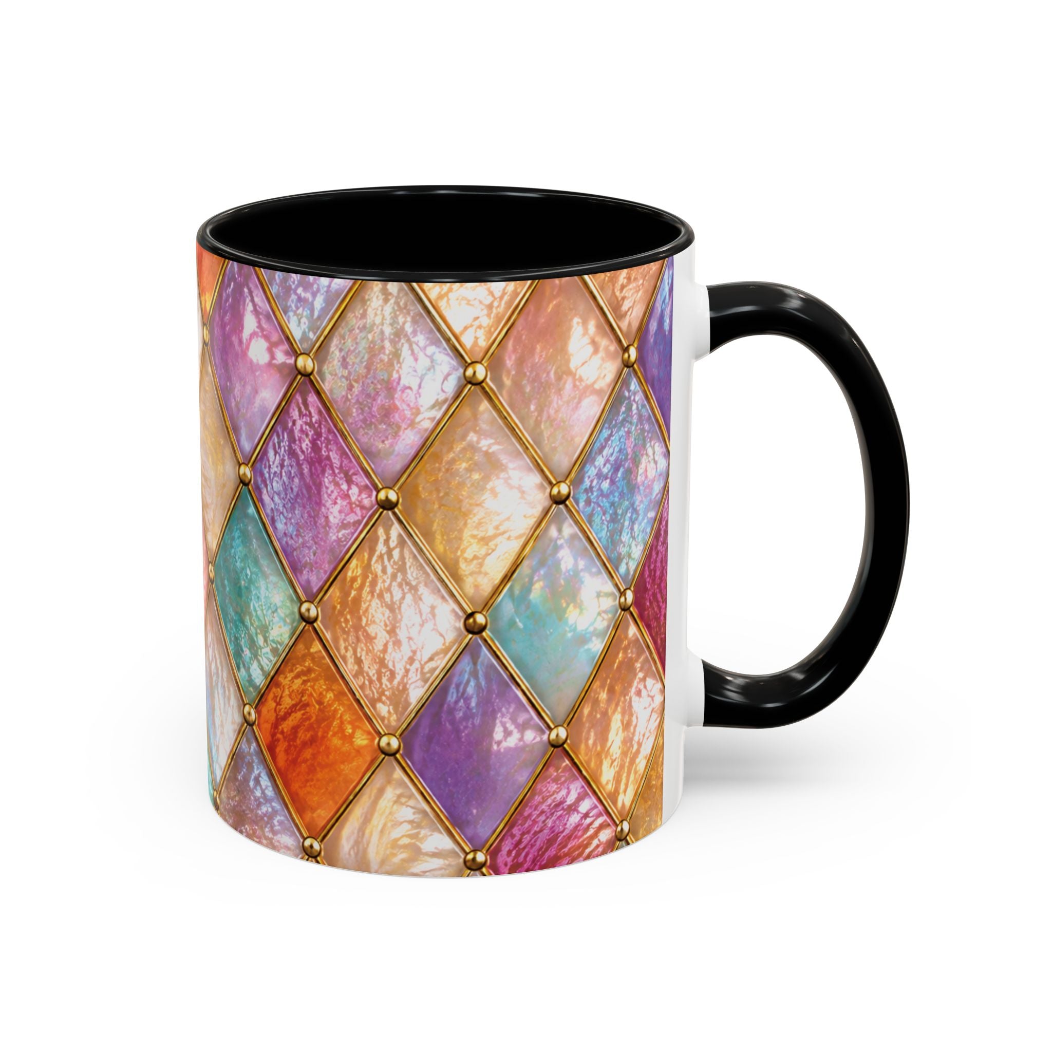 Colorful Jewel-Quilt Accent Coffee Mug — Vibrant Stained-Glass Pattern (11/15oz) Gift for her