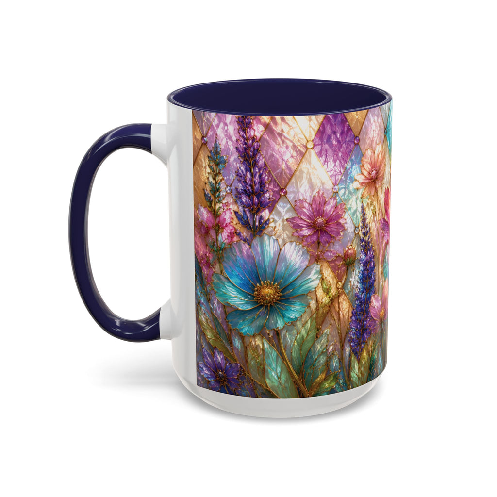 Floral Mosaic Accent Coffee Mug — Colorful Garden Flowers 11/15oz Stain Glass Illusion