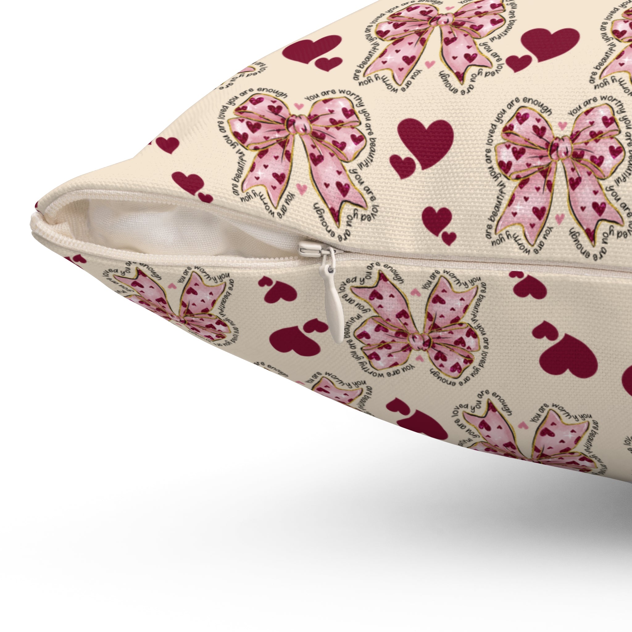 Charming Hearts & Pink Bows Square Pillow  Stylish Home Decor Accent for Living Room, Bedroom, or Gifts | Soft & Durable 100% Polyester with Double-Sided Print - MRSBYVALLE