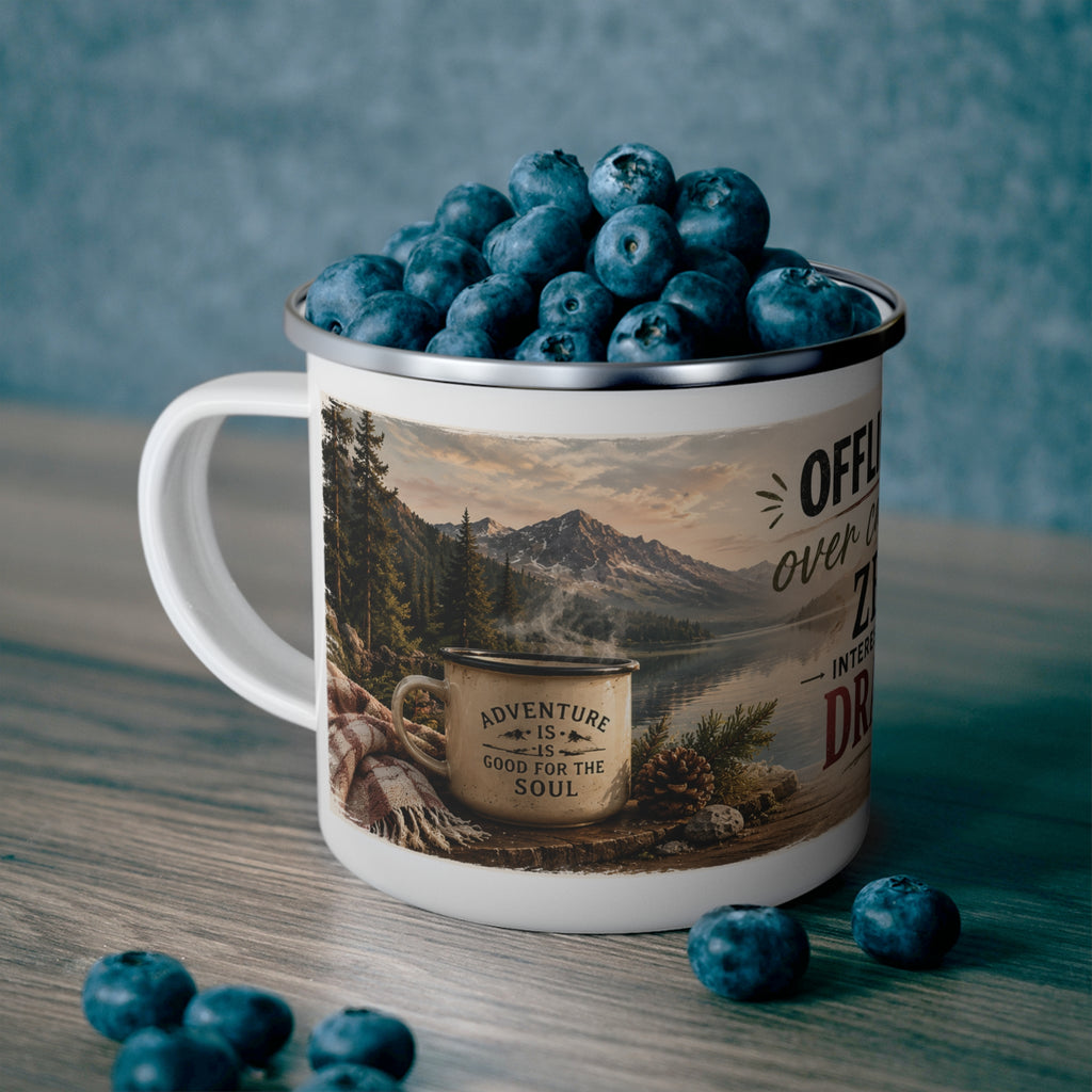 Enamel Mug — "Offline, Over Caffeinated, Zero Interest in Your Drama" Camping Coffee Cup