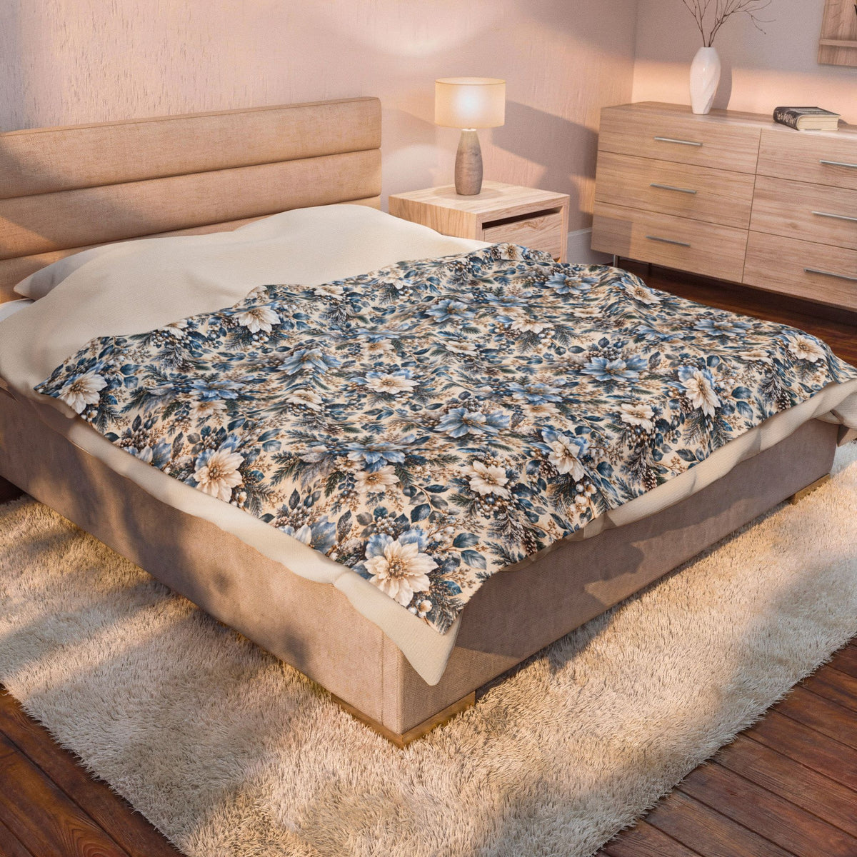 Icy Blue Floral Velveteen Plush Throw Blanket