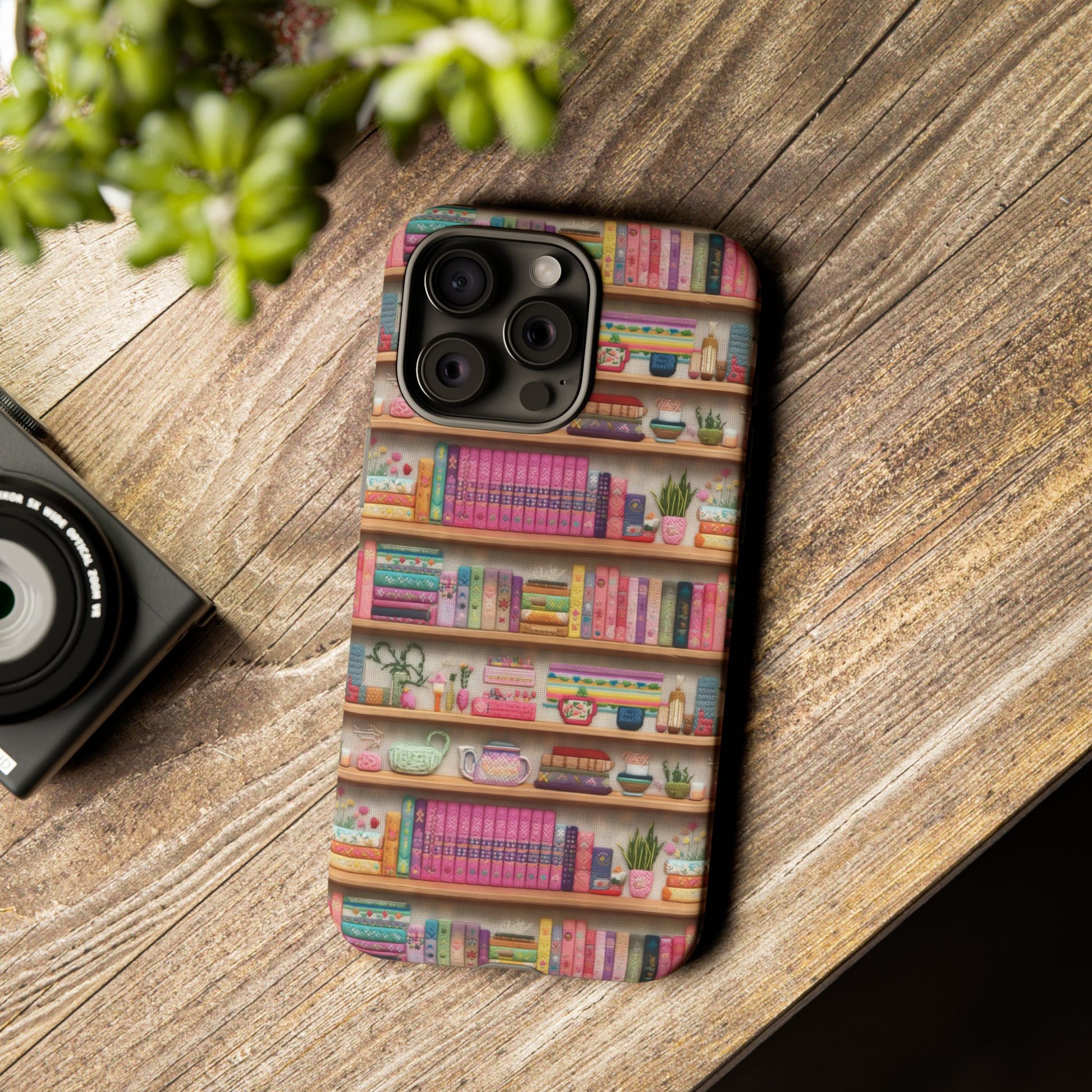 Whimsical 3D Embroidery Illusion Books on Pastel Shelves Phone Case for iPhone, Samsung & Pixel: Unique Accessory for Literary Enthusiasts Gift for Her Perfect for Floral Lover