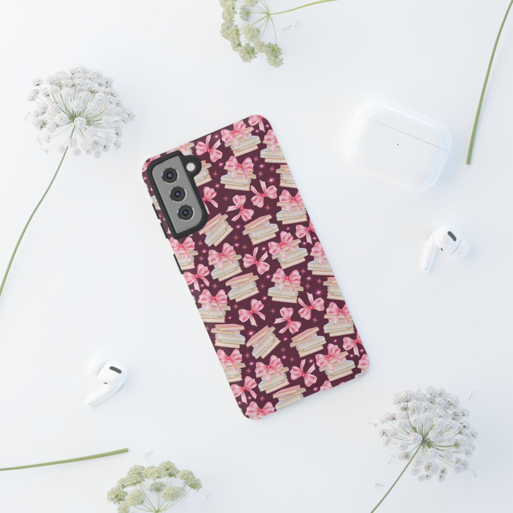 Coquette Pink Bows & Books Phone Case for iPhone 16 15 14 13 12  21 23 Samsung, and Pixel | Stylish Protective Cover Gift for Her Perfect for Floral Lover