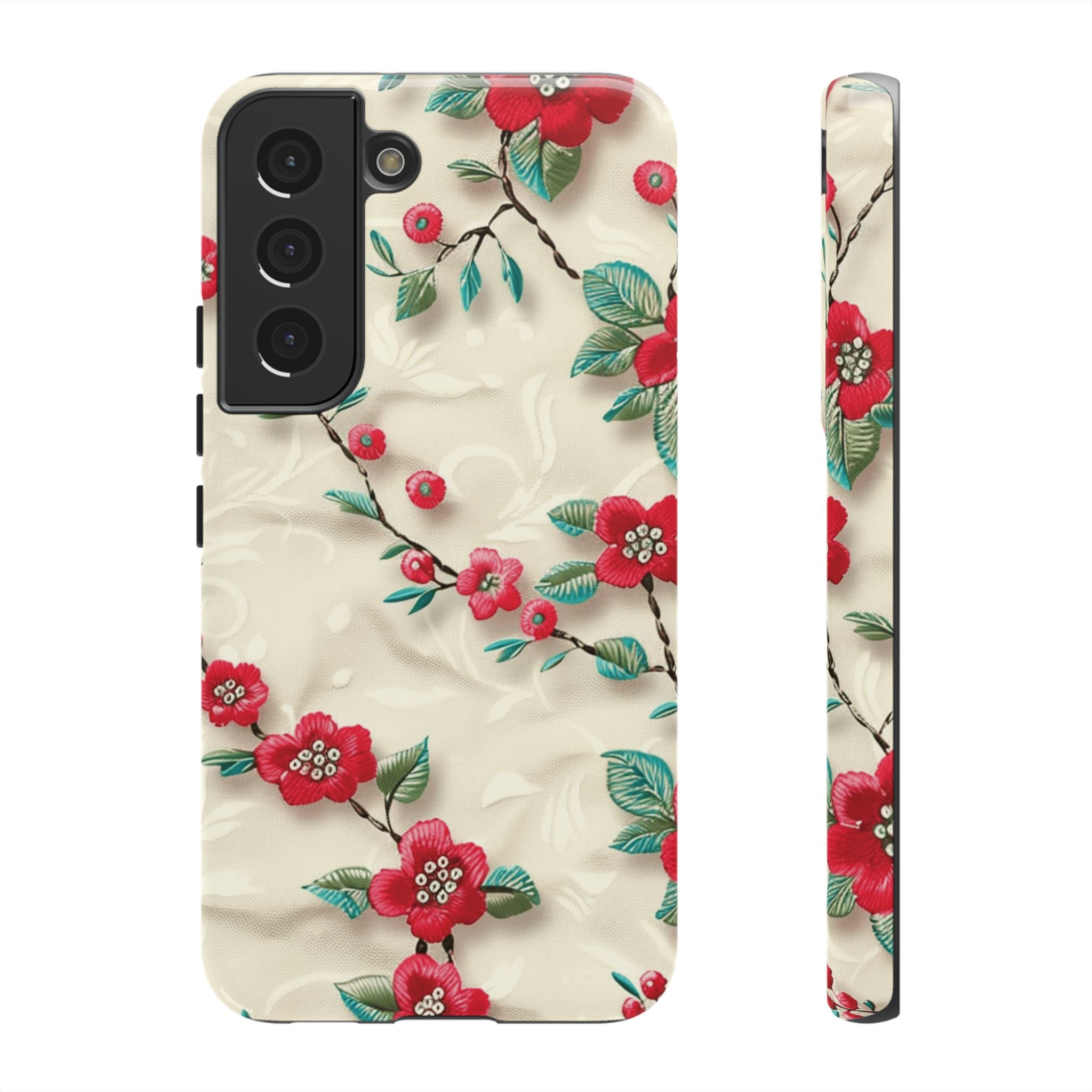 3D Embroidery Illusion Red Flowers Phone Case for iPhone, Samsung Pixel Artistic Floral Protection 15 14 13 12, 21 23 Gift for Her Perfect for Floral Lover