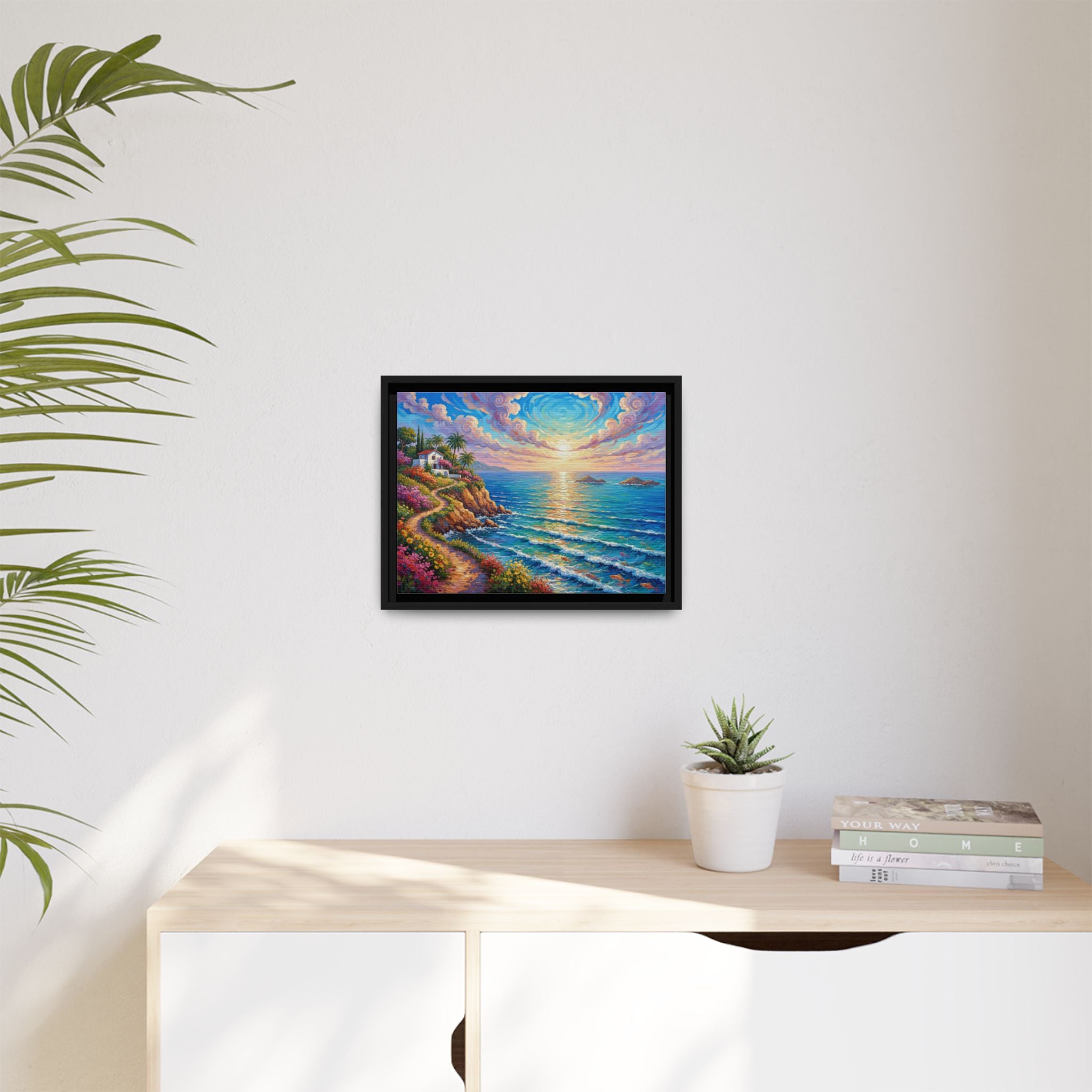 Toile imprimée florale océanique | Décoration murale colorée et lumineuse de paysage marin, œuvre d'art de bureau encadrée et mate