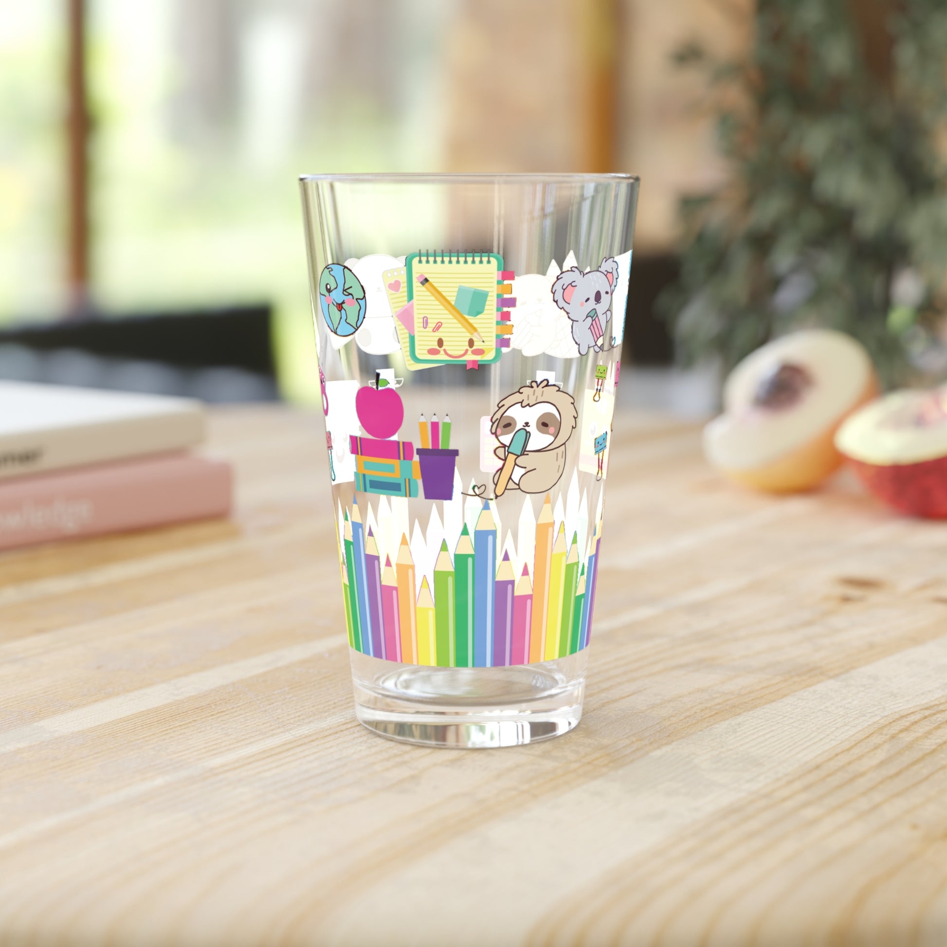 Kawaii School Theme 16oz Glass – Cute Back-to-School Design with Adorable Books, Notebooks & Stationery, Perfect for Study Sessions or Gifts