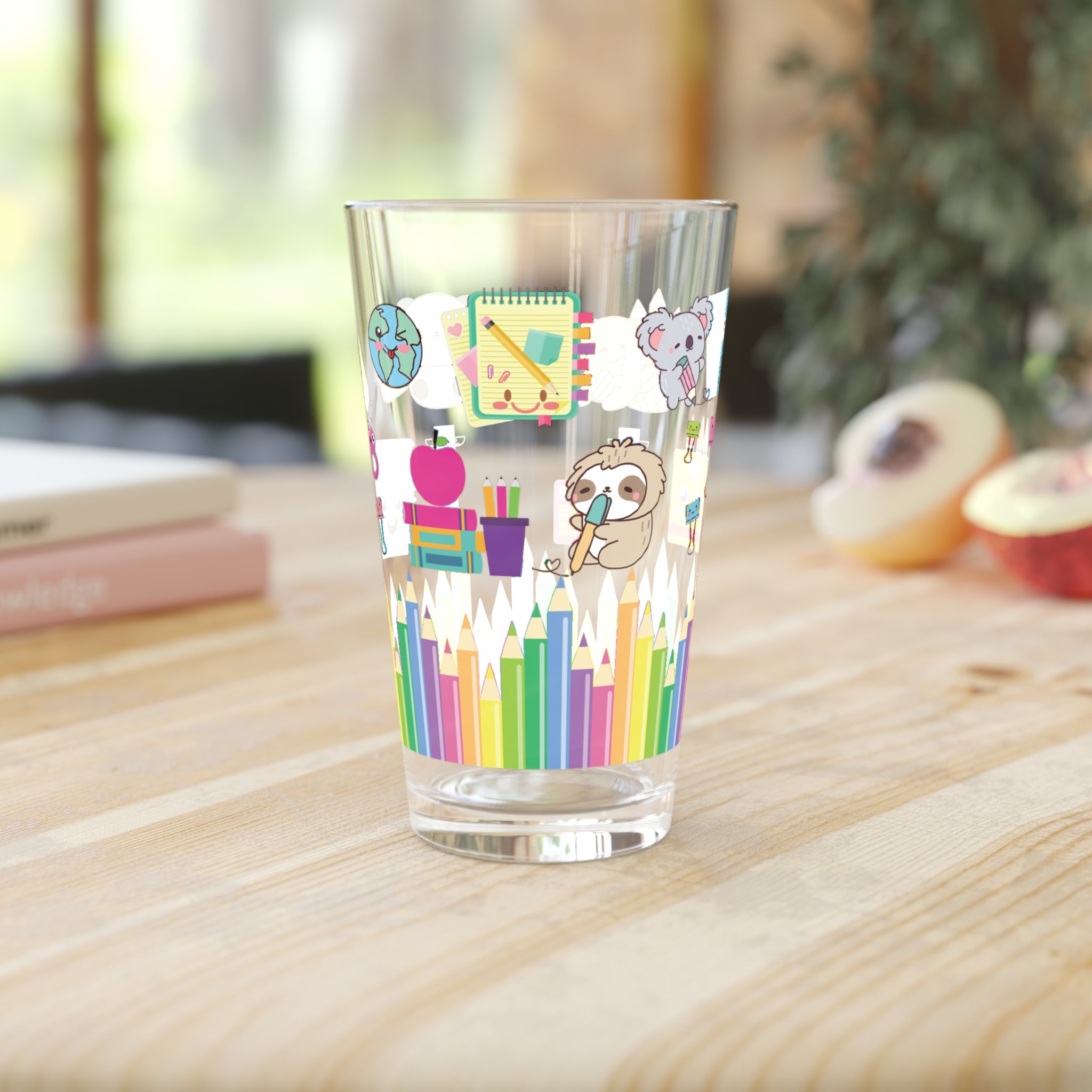 Kawaii School Theme 16oz Glass – Cute Back-to-School Design with Adorable Books, Notebooks & Stationery, Perfect for Study Sessions or Gifts