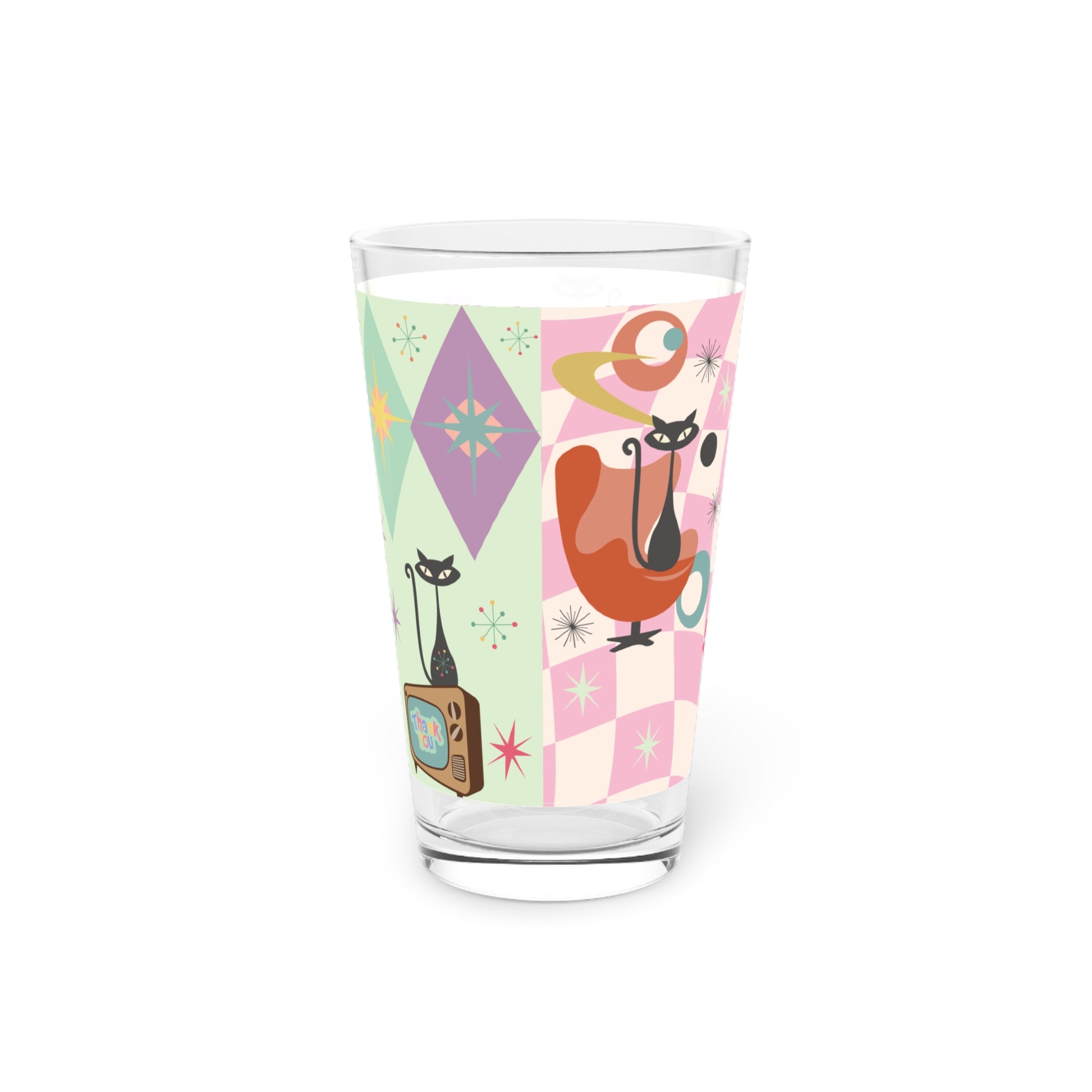 Pink and Mint Atomic Cat 16oz Pint Glass Mid-Century Modern Retro Style for Cocktails, Mocktails, Beer, and Water Perfect for Every Occasion Mother's Day Party Drinkware, Housewarming Perfect Gift Party Drinkware, Cocktail, Wedding Perfect for Parties - MRSBYVALLE