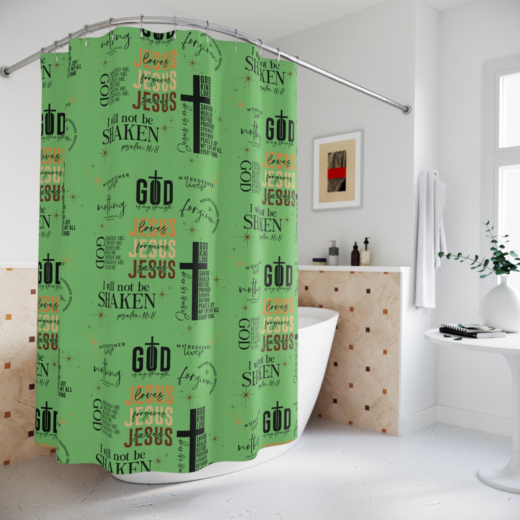 Jesus Quotes All-Over Scripture Shower Curtain Christian Bathroom Decor, Bible Verses, Inspirational Faith Words, Waterproof, Machine Washable Style Hooks Not Included