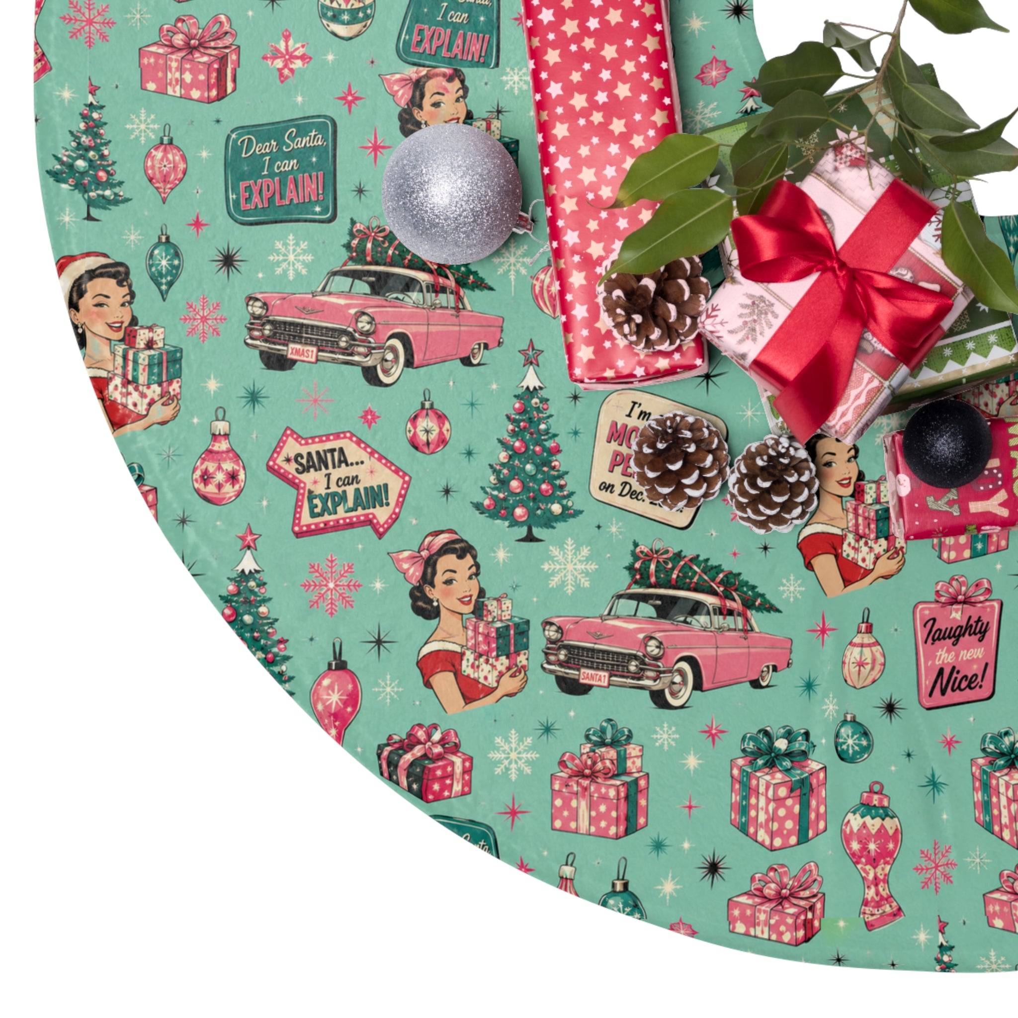 Funny Retro Pink Christmas Tree Skirt Vintage Mid Century Holiday Decor Cute Festive Christmas Tree Decoration