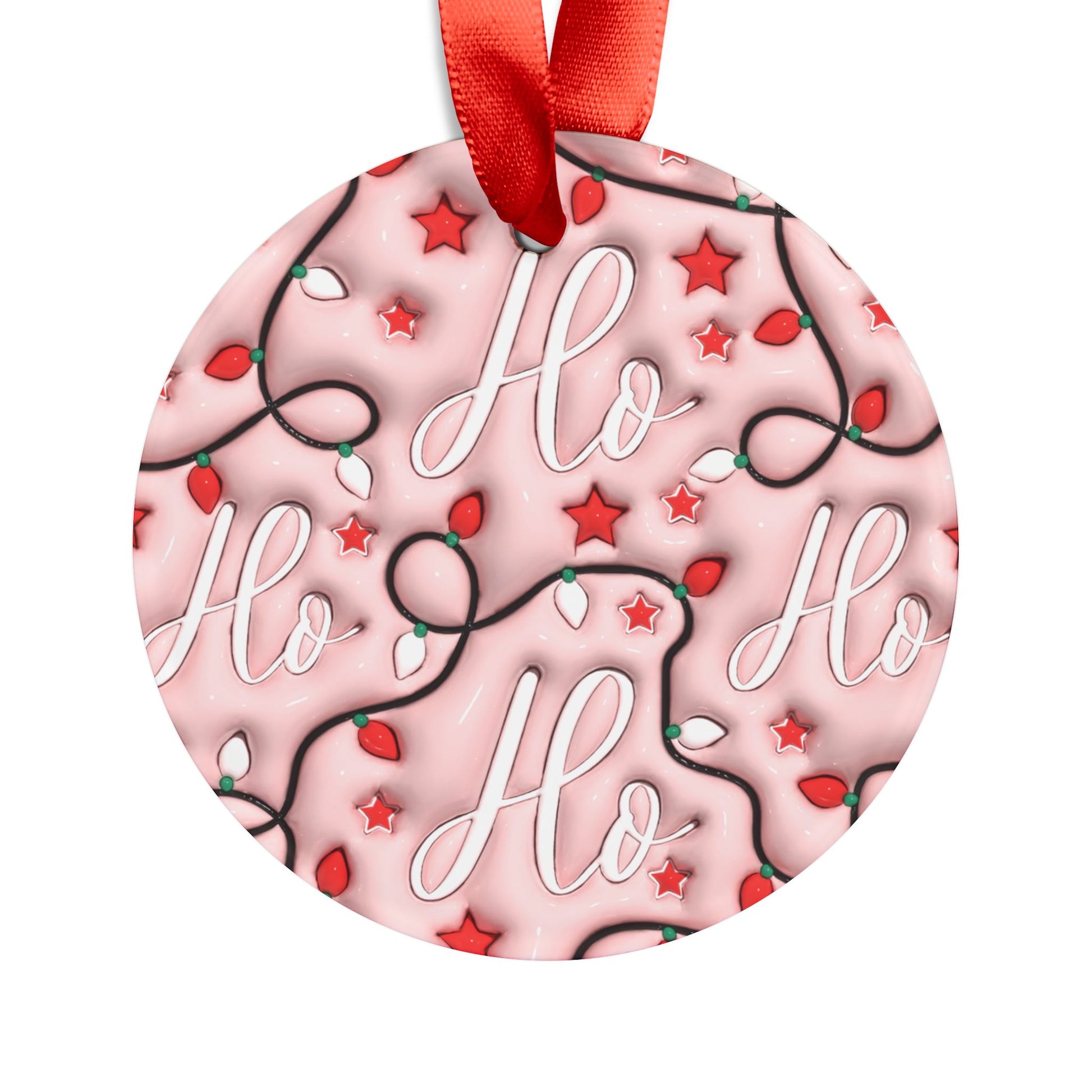 Pink 3D 'Ho Ho Ho' Illusion Ornament with Red Ribbon Festive Holiday Decor, Glossy Finish, 2.9x2.9 Inches, Unique Christmas Tree Accent Gift for Family - MRSBYVALLE
