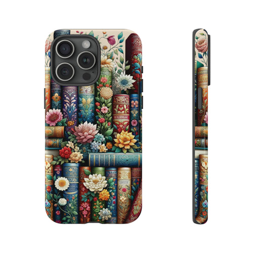 Books and Floral Boho Luxury Phone Tough Case Floral Elegant Durable Stylish for Modern Devices iPhone 15, Samsung iPhone Samsung Accessory Gift for Her.
