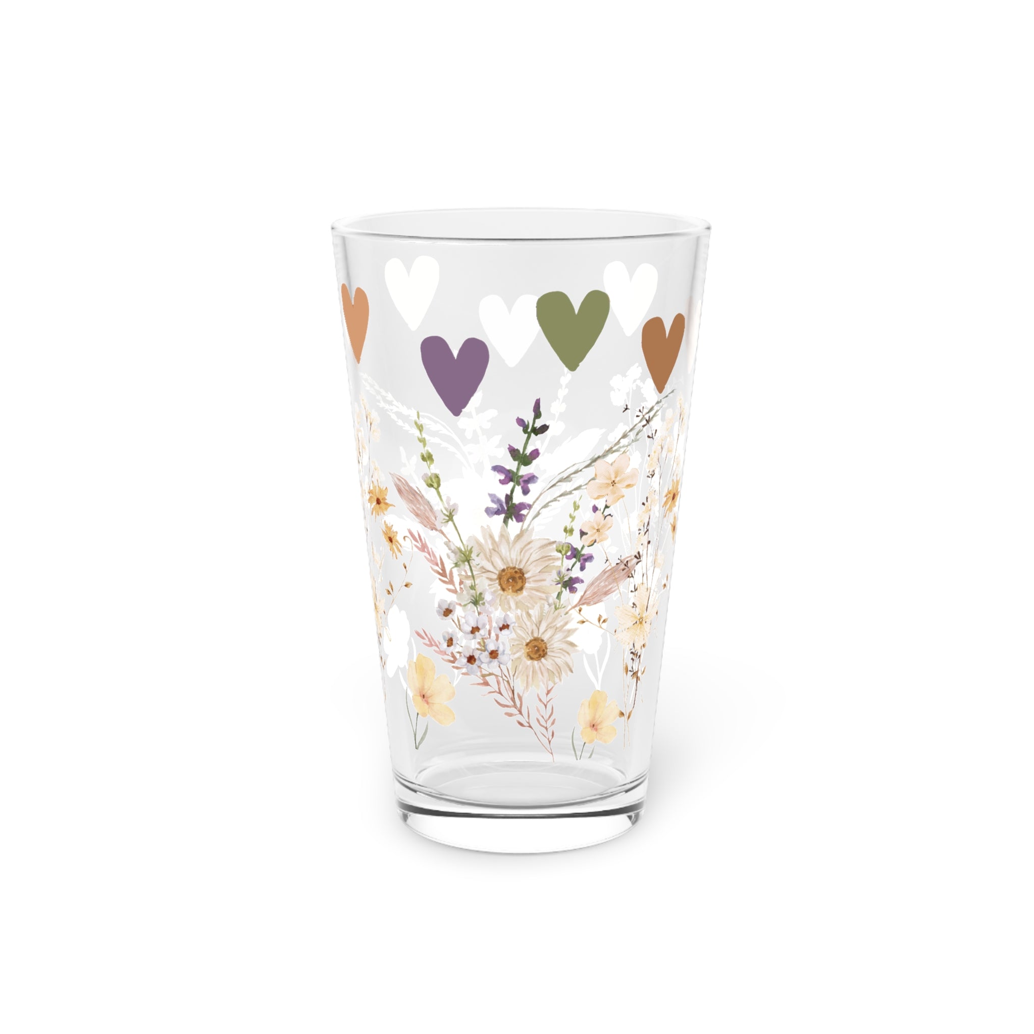 Boho Wildflowers & Hearts 16oz Pint Glass – Floral Aesthetic Glassware for Water, Juice & More | Stylish & Unique Gift for Nature & Boho Lovers