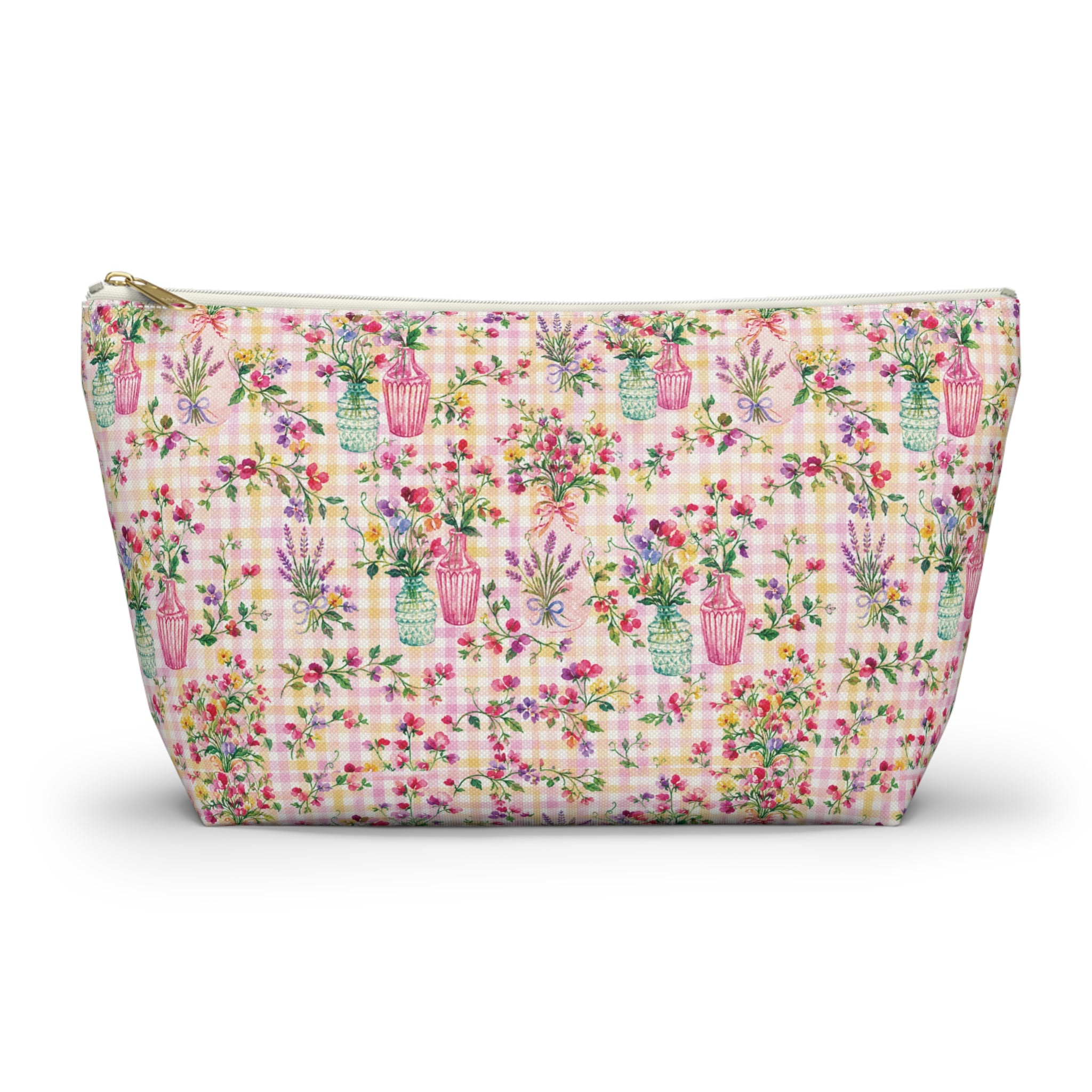 Turquoise & Pink Floral Checker Accessory Pouch (T-Bottom) Makeup, Bag Gift for Her