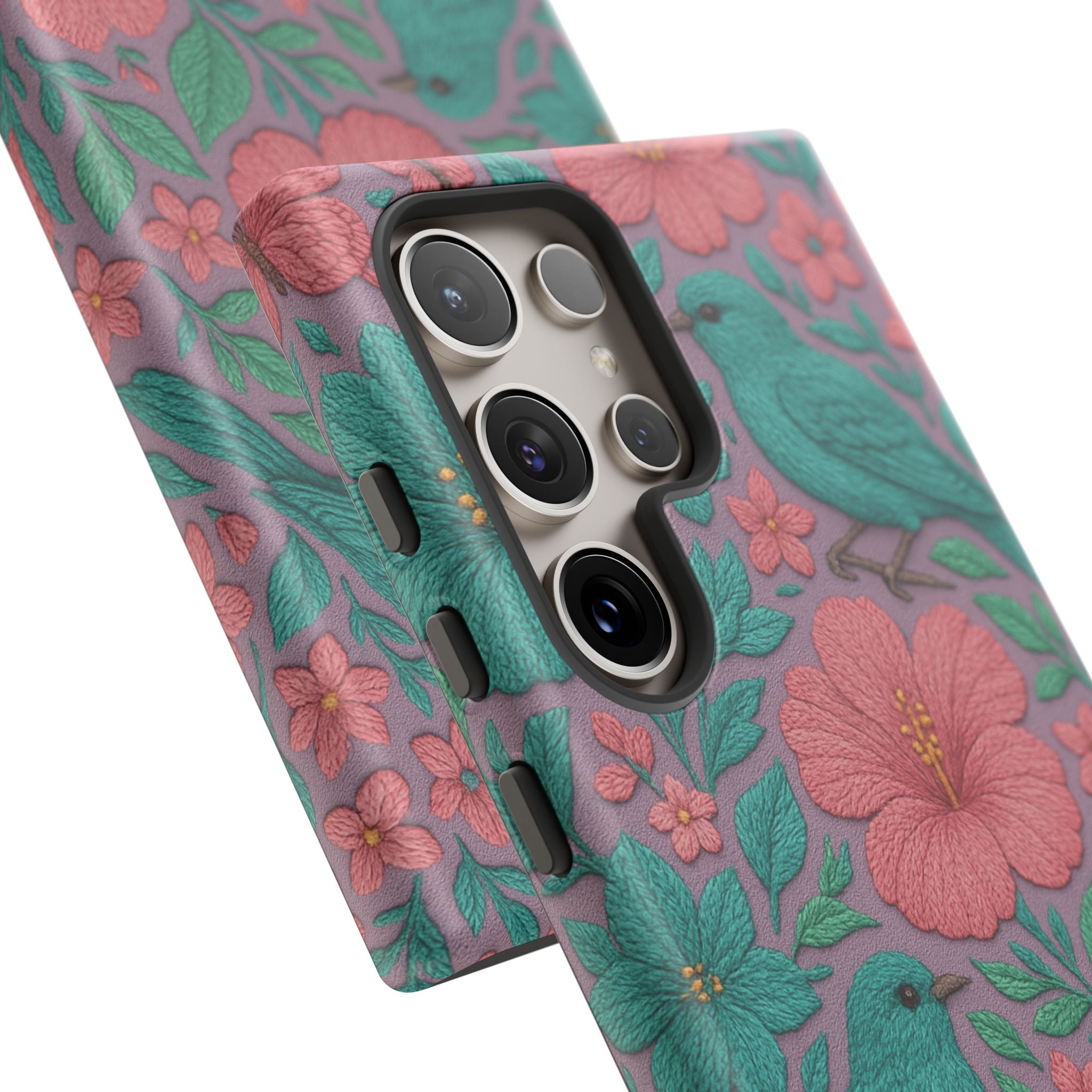 Turquoise, Pink and Lavender 3D Embroidery Illusion Phone Case Tropical Flowers, Birds & Butterflies Cover with Bold, Realistic Floral Texture iPhone, Samsung