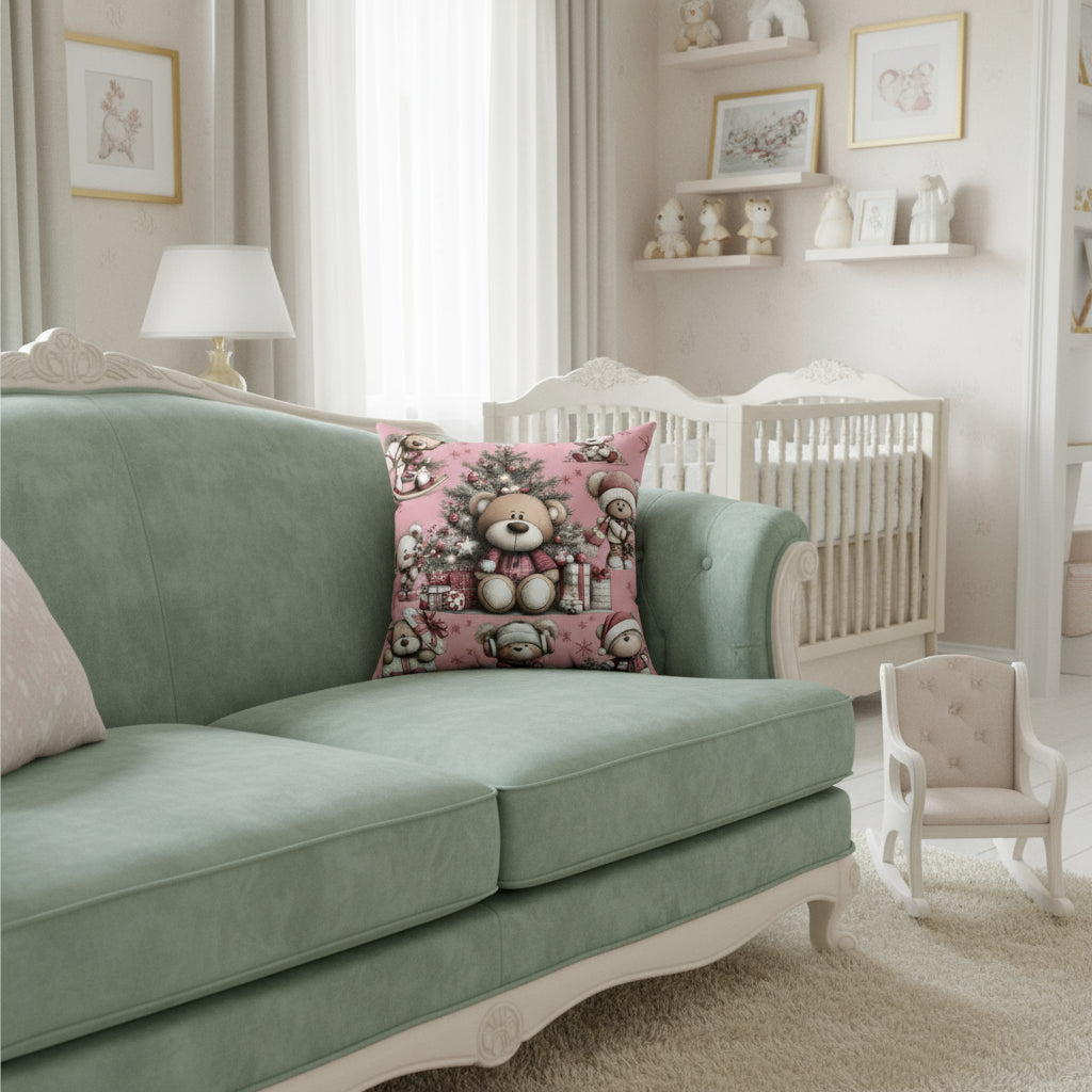 Decorative pillow with teddy bear and Christmas tree design on a pink background