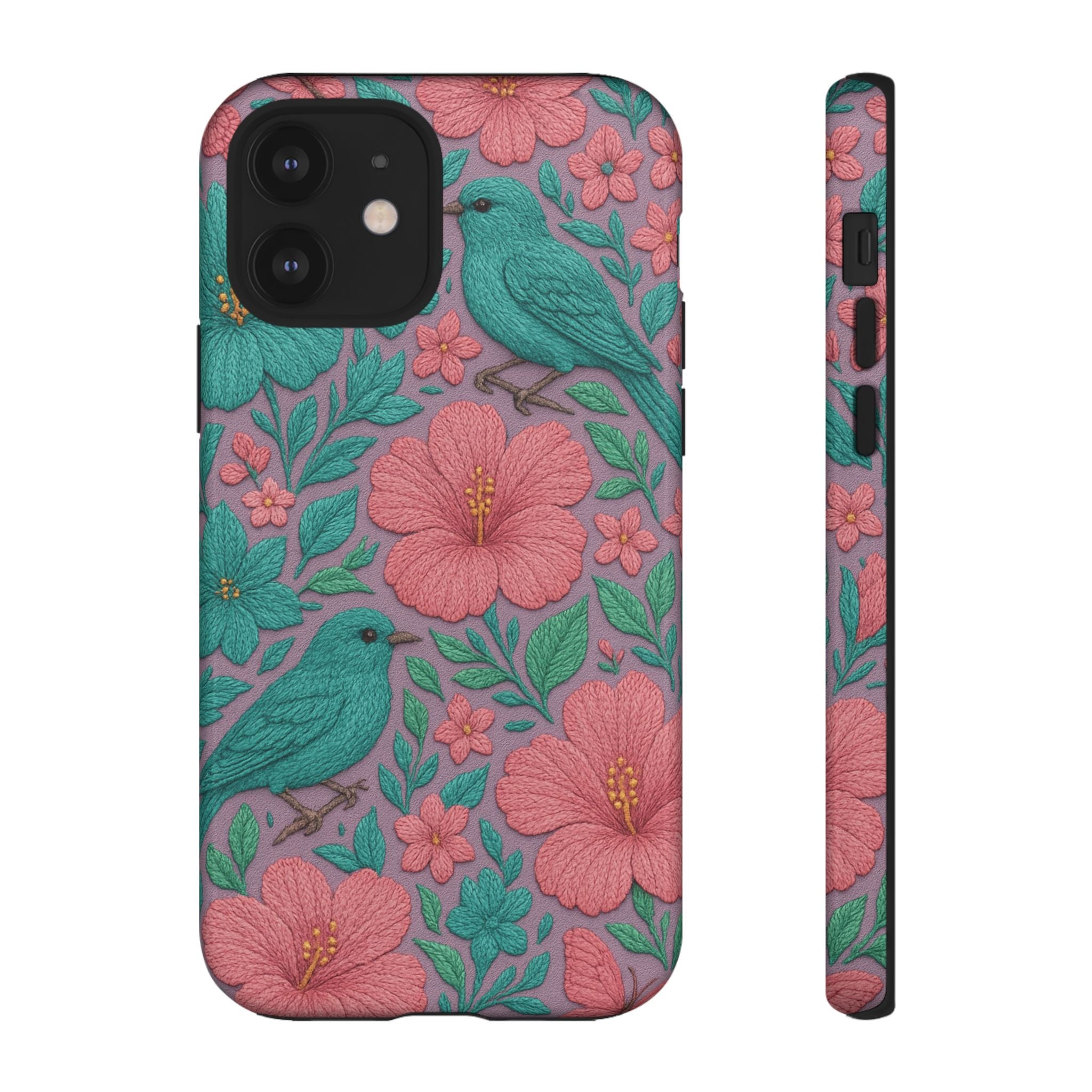 Turquoise, Pink and Lavender 3D Embroidery Illusion Phone Case Tropical Flowers, Birds & Butterflies Cover with Bold, Realistic Floral Texture iPhone, Samsung
