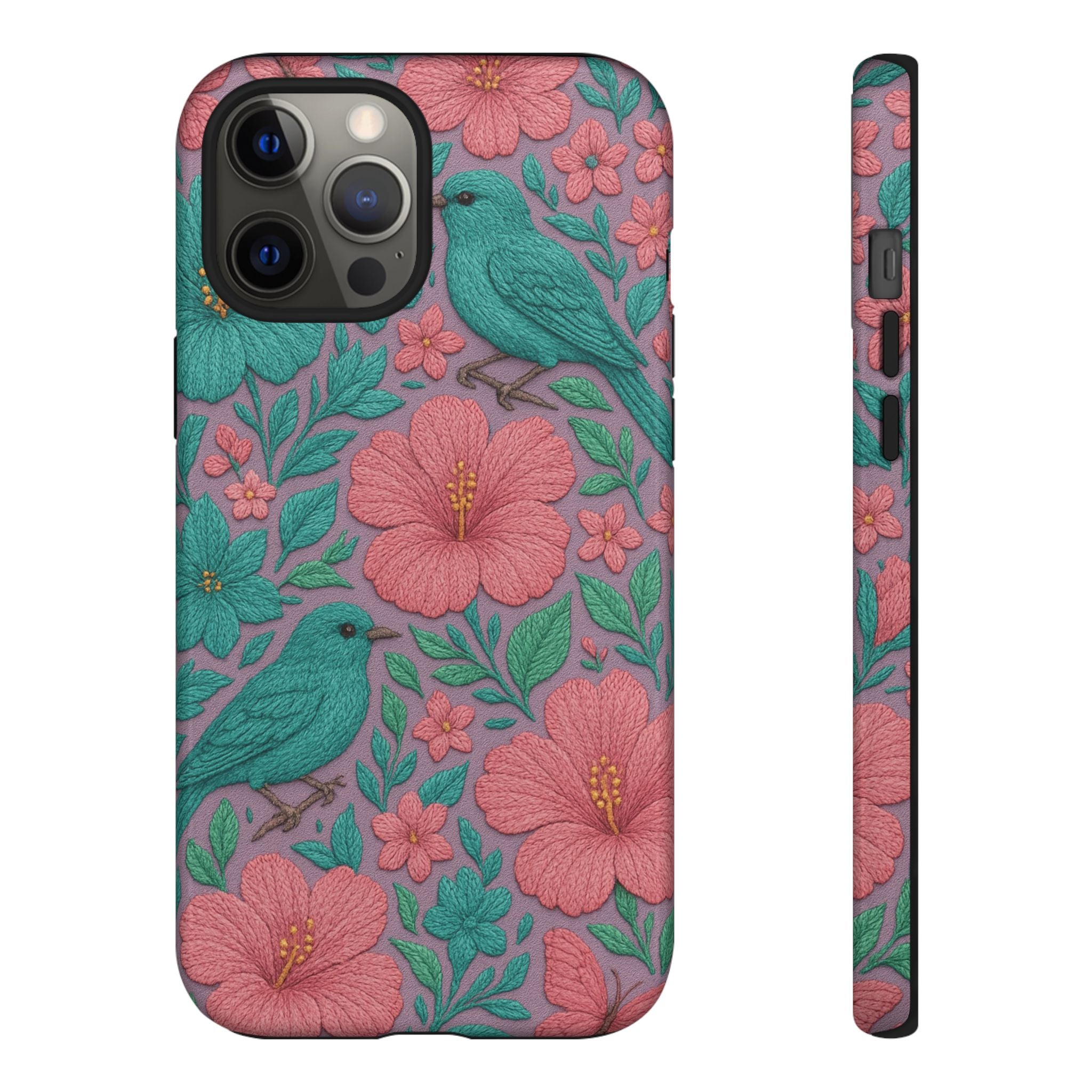 Turquoise, Pink and Lavender 3D Embroidery Illusion Phone Case Tropical Flowers, Birds & Butterflies Cover with Bold, Realistic Floral Texture iPhone, Samsung