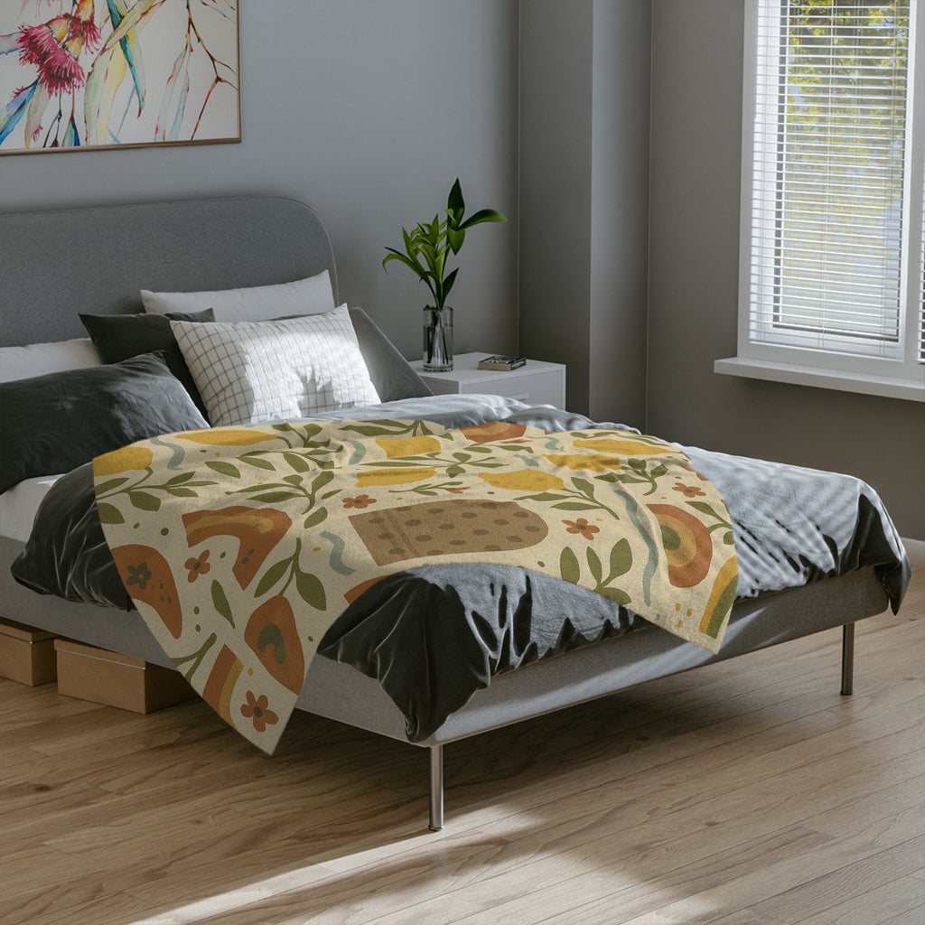 Boho Lemon Grove Blanket Cozy Knit Throw Featuring Hand-Drawn Lemons, Olive Leaves & Soft Waves in Earthy Tones, Perfect for Warmth & Style Year-Round