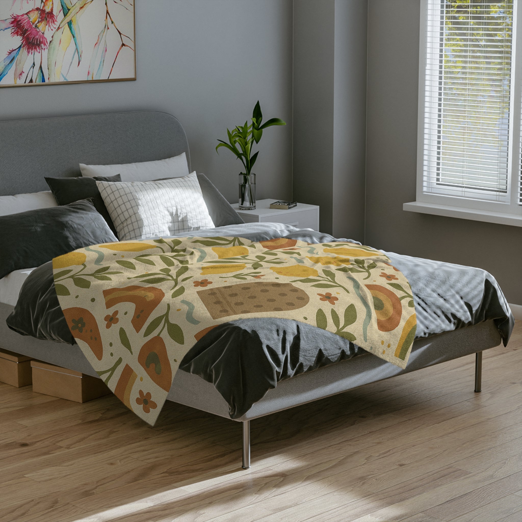 Jeté en tricot douillet motif bosquet de citronniers bohème, avec citrons dessinés à la main, feuilles d'olivier et vagues douces dans des tons terreux, parfait pour la chaleur et le style tout au long de l'année