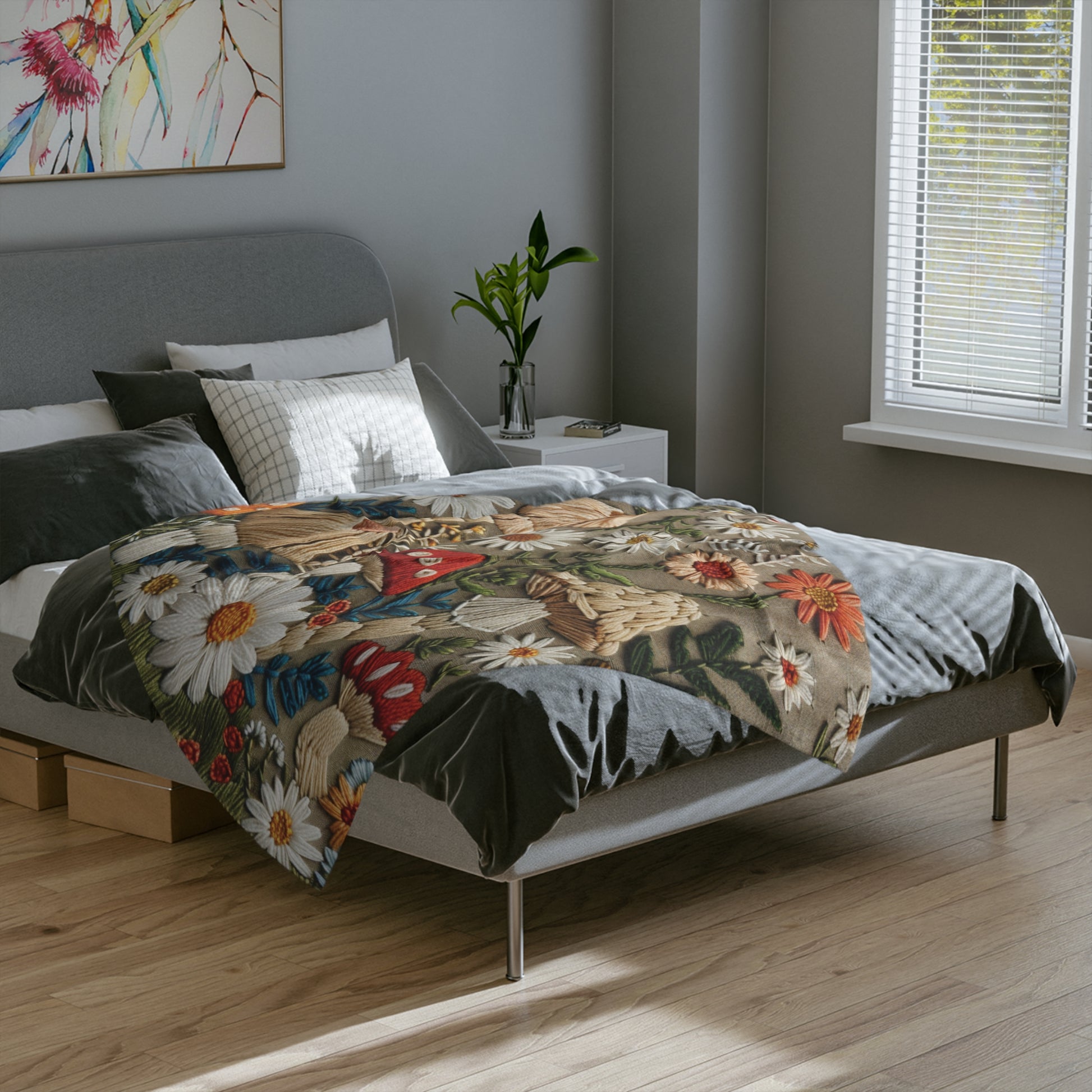Mushroom Vintage floral Yellow Flower Throw Blanket – Cozy Soft Botanical Design for Bed, Couch, or Reading Nook, Perfect Gift for Nature Lovers & Home Refresh
