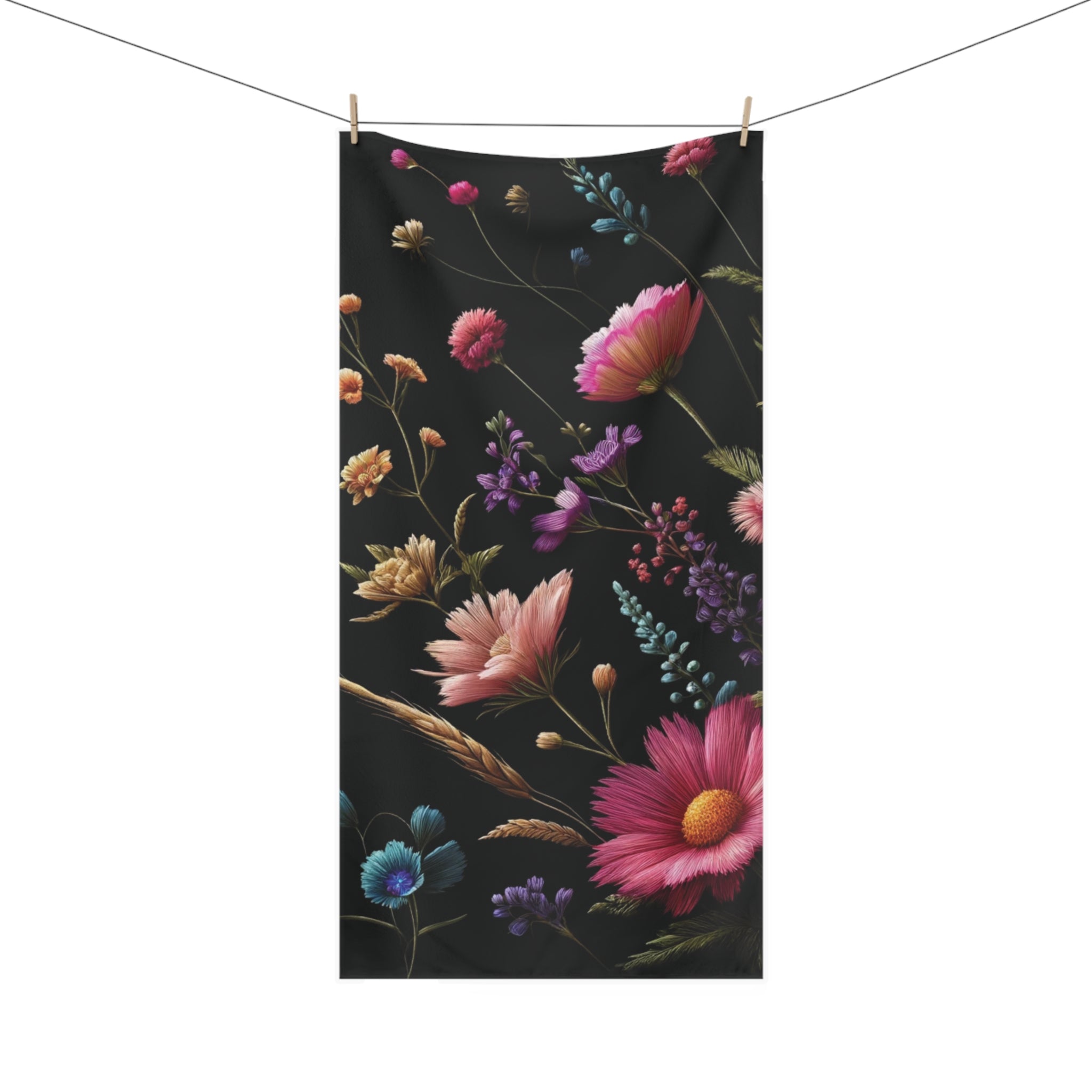 Black Cottage Core Meadow Towel Blooms Soft & Luxurious Mink-Cotton Towel 30x60 Elevate Your Bath Experience Vibrant Nature-Inspired Elegance Housewarming Gift.